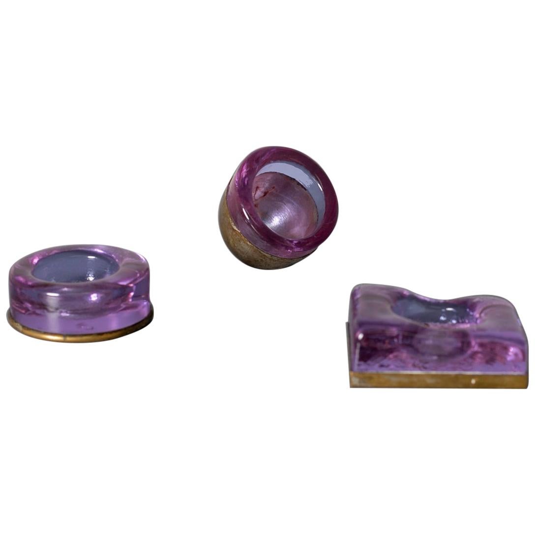 Set of Italian Candleholder Midcentury in Brass and Purple Amethyst Stone, 1950s