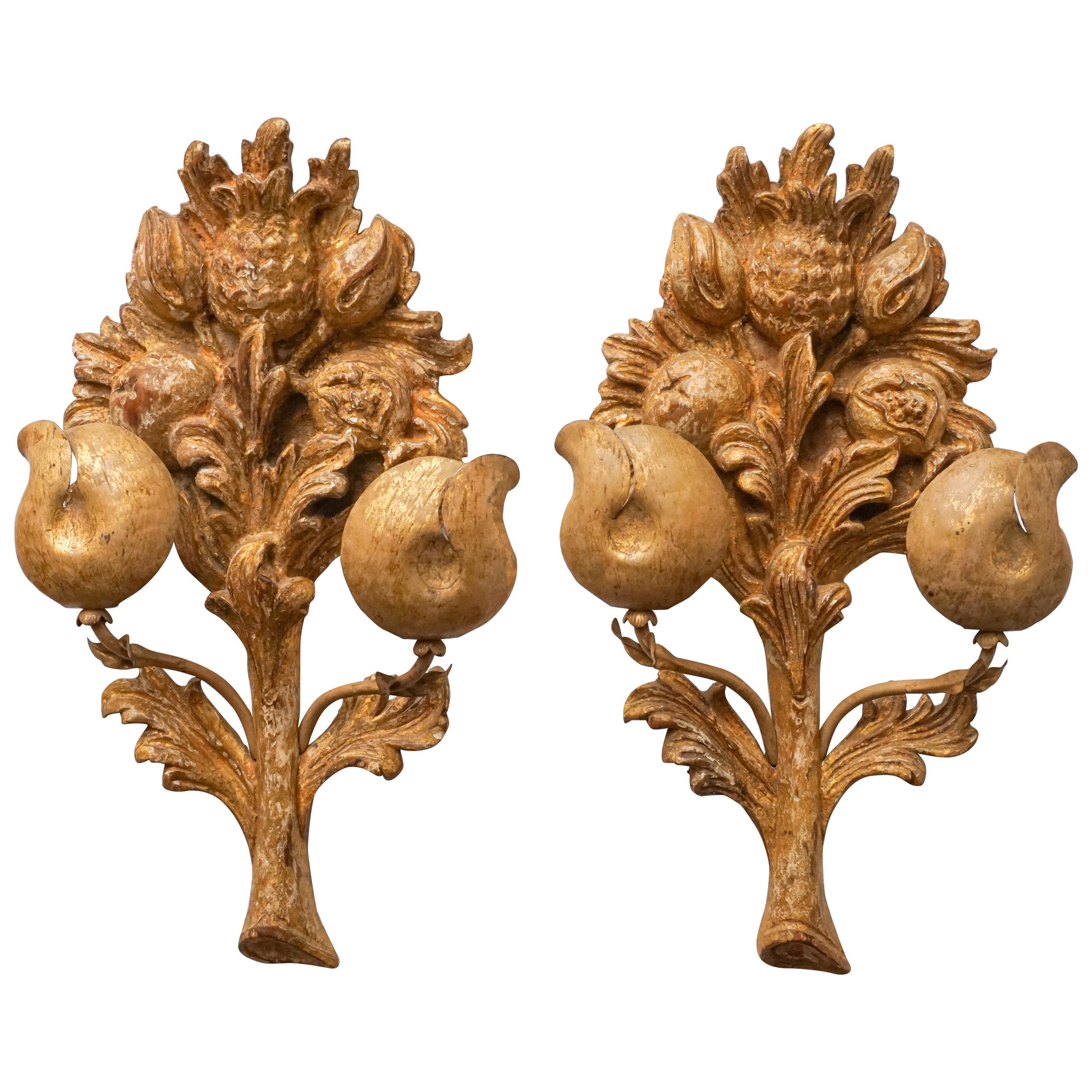 19th C. Set of Italian Carved Gilt Wood Wall Appliques with Flowers and Fruit