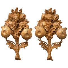 19th C. Set of Italian Carved Gilt Wood Wall Appliques with Flowers and Fruit