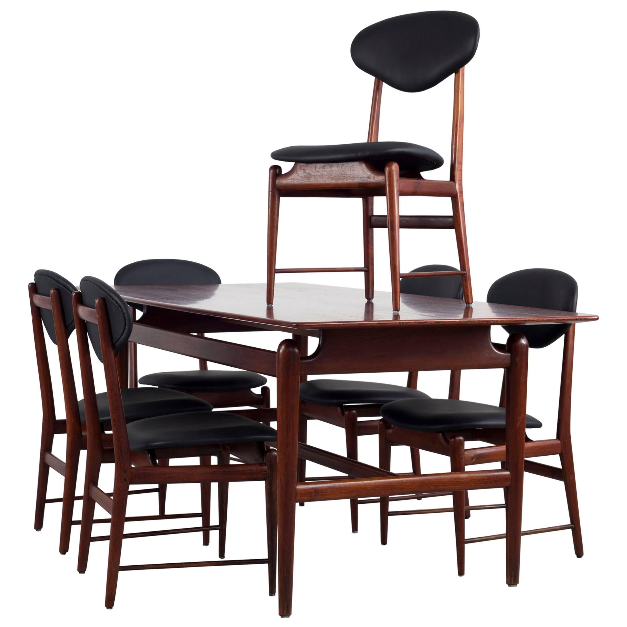 Set of Italian Dark Teak Wood Dining Table and 6 Chairs, 1950s