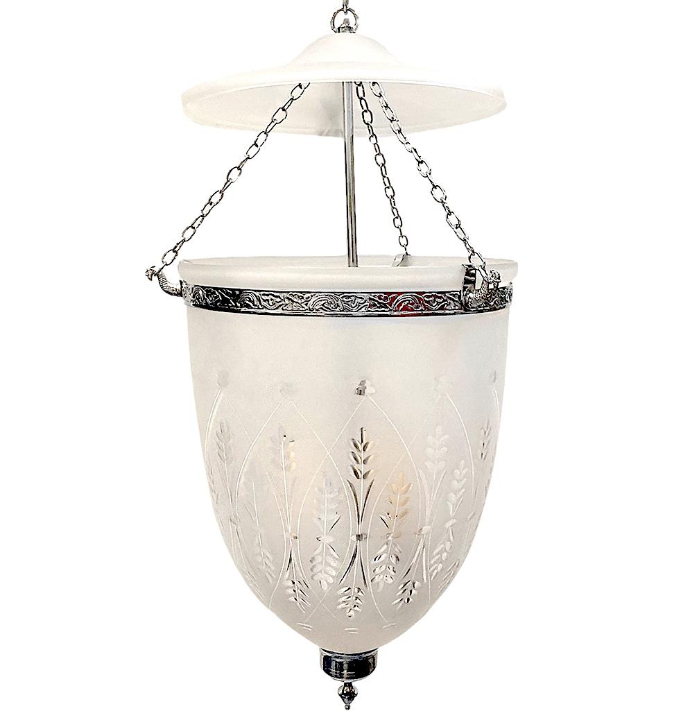 A set of five Italian etched glass lanterns with nickel plated fitting and three interior lights. Sold Individually.

Measurements:
Diameter 14