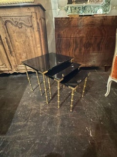 Set of Italian Jansen Manner Brass and Black Lacquer Nesting Tables