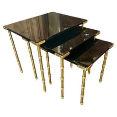 Set of Italian Jansen Manner Brass and Black Lacquer Nesting Tables