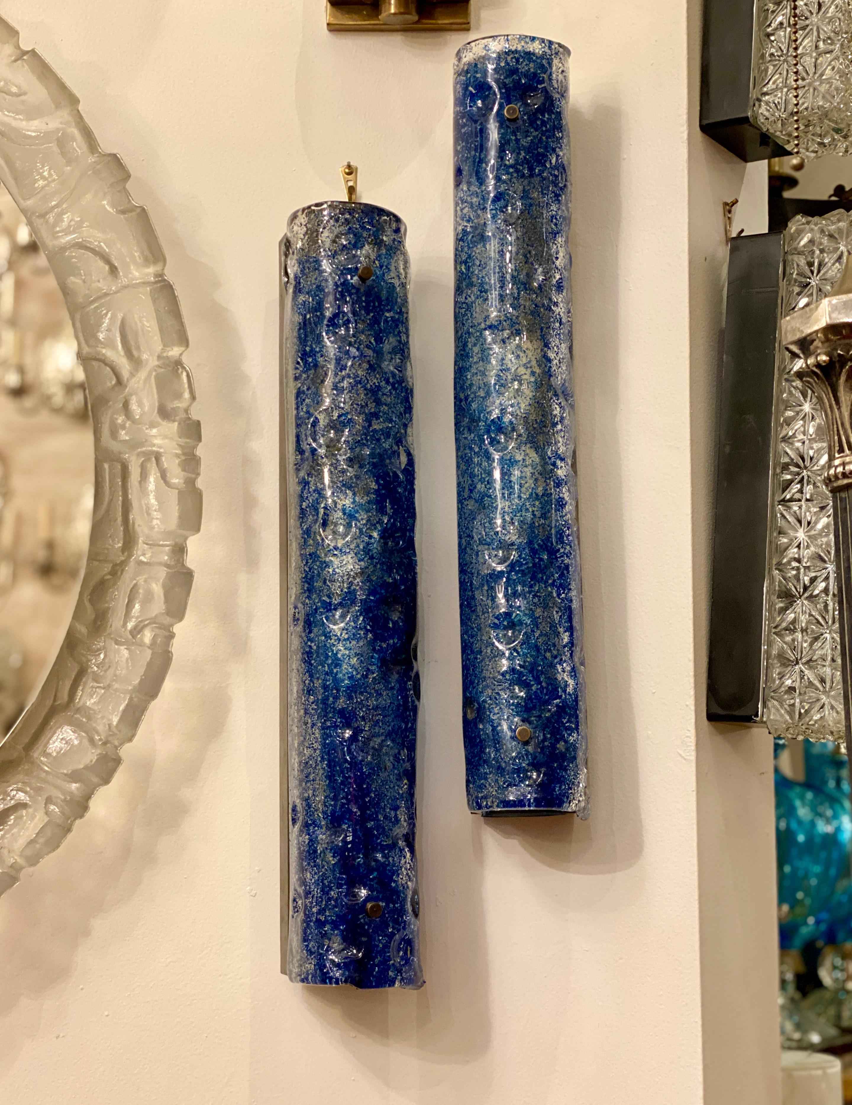 Art Glass Pair of Italian Mid Century Blue Glass Sconces, Sold Per Pair For Sale
