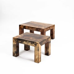 Pair of Italian Mid-Century Lacquered Brown Goatskin Sofatables, Aldo Tura 1970s