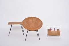 Set of Italian Mid-century Rattan Bowl Chair with side table and magazine rack