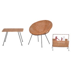 Set of Italian Mid-century Rattan Bowl Chair with side table and magazine rack