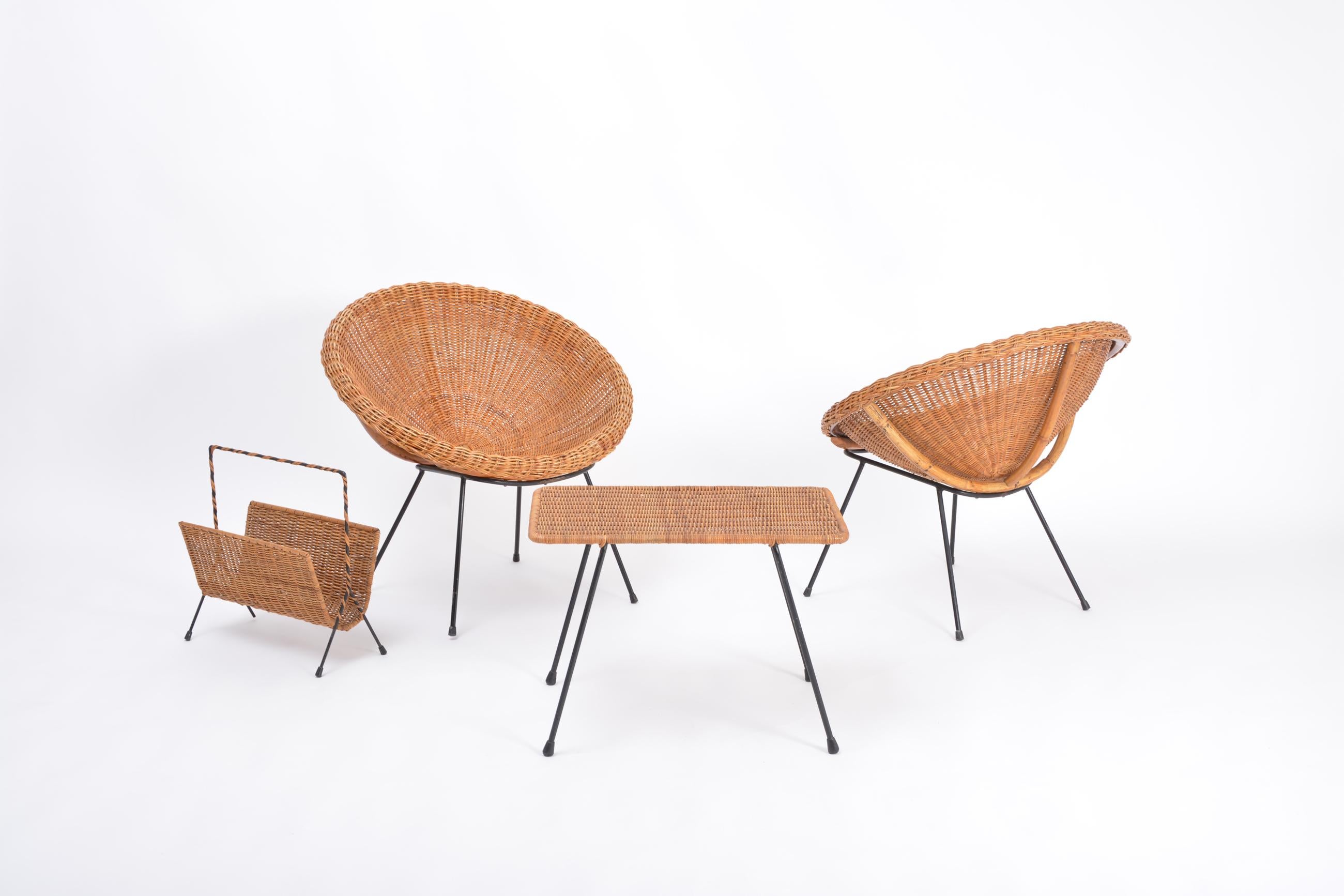 Mid-Century Modern Set of Italian Midcentury Rattan Bowl Chairs with Side Table and Magazine Rack