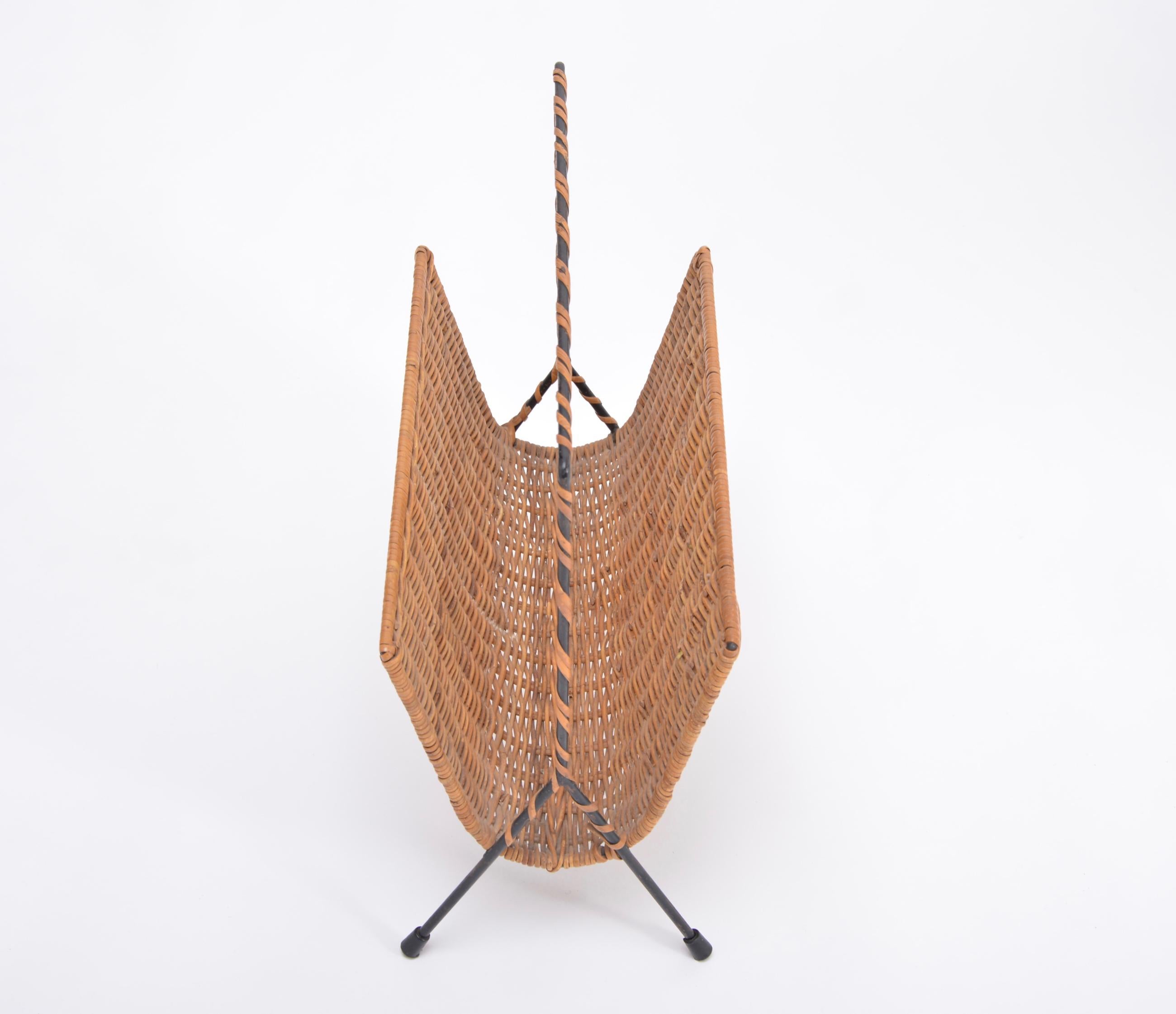 Metal Set of Italian Midcentury Rattan Bowl Chairs with Side Table and Magazine Rack