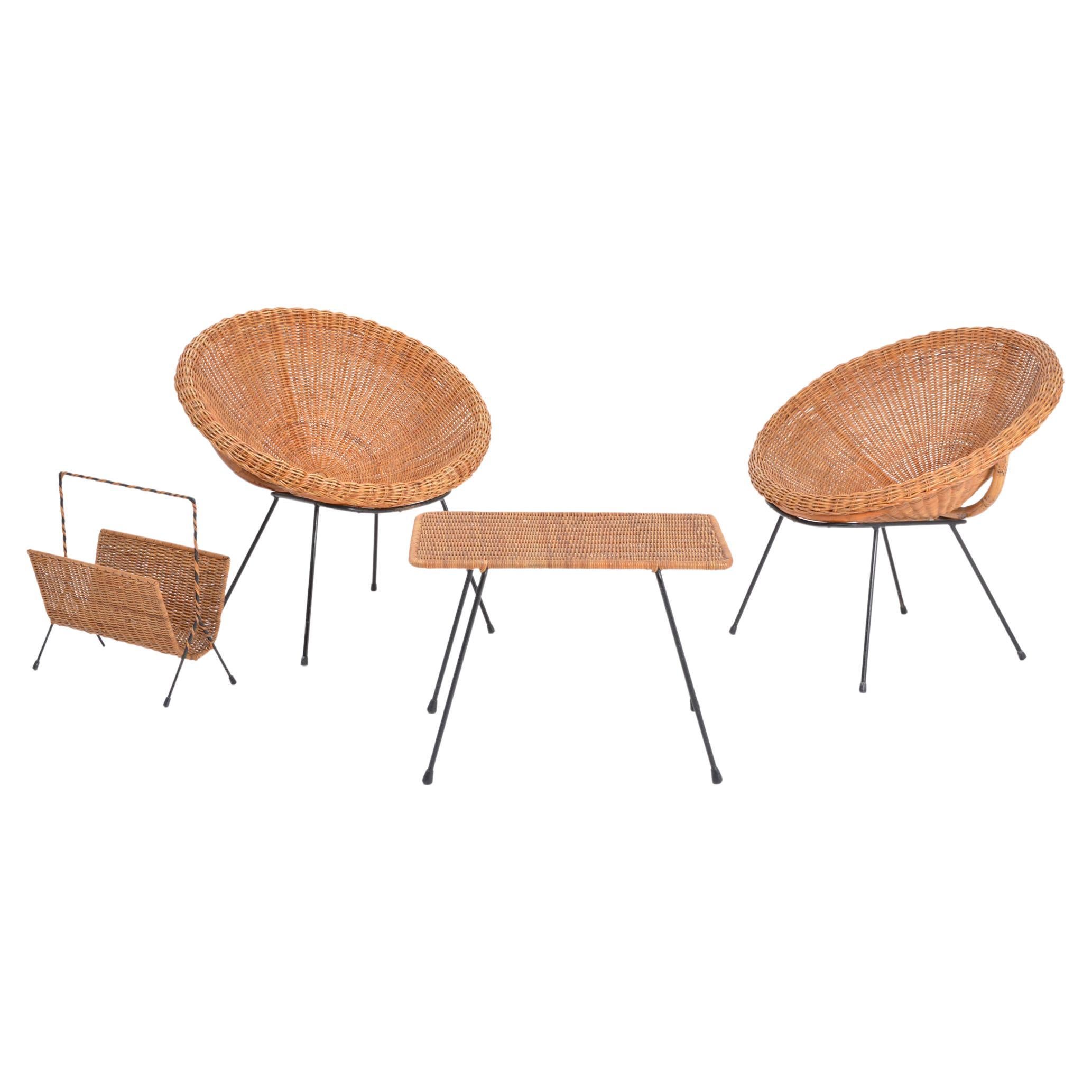 Set of Italian Midcentury Rattan Bowl Chairs with Side Table and Magazine Rack