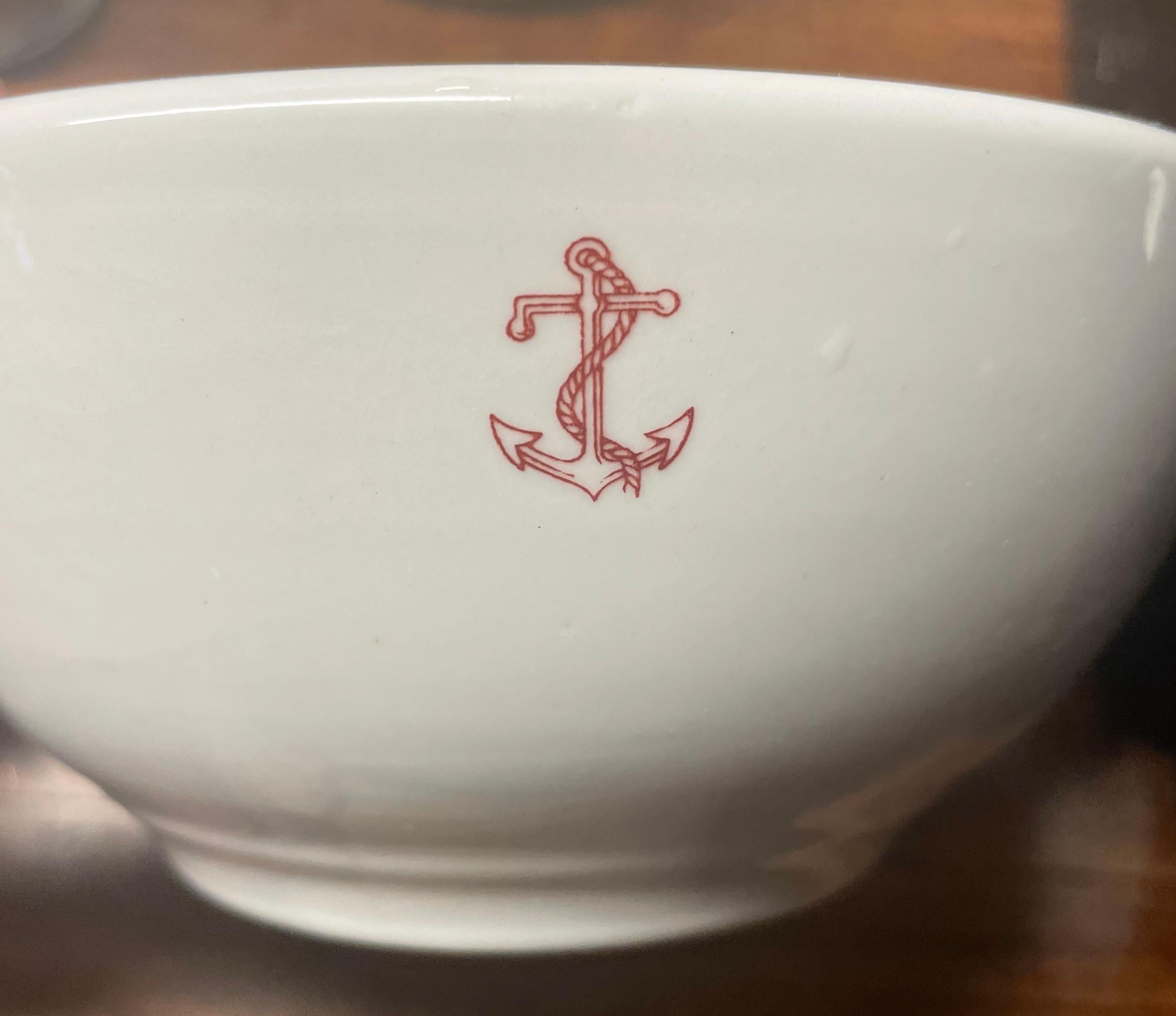 Set of Italian Navy spaghetti bowls. Six Italian ceramic porcelain bowls by Richard Ginori for a delicious pasta primi; semi indestructible bowls for cereal for your corps of rough and tumble children sailors. All with underglaze marks for Ginori