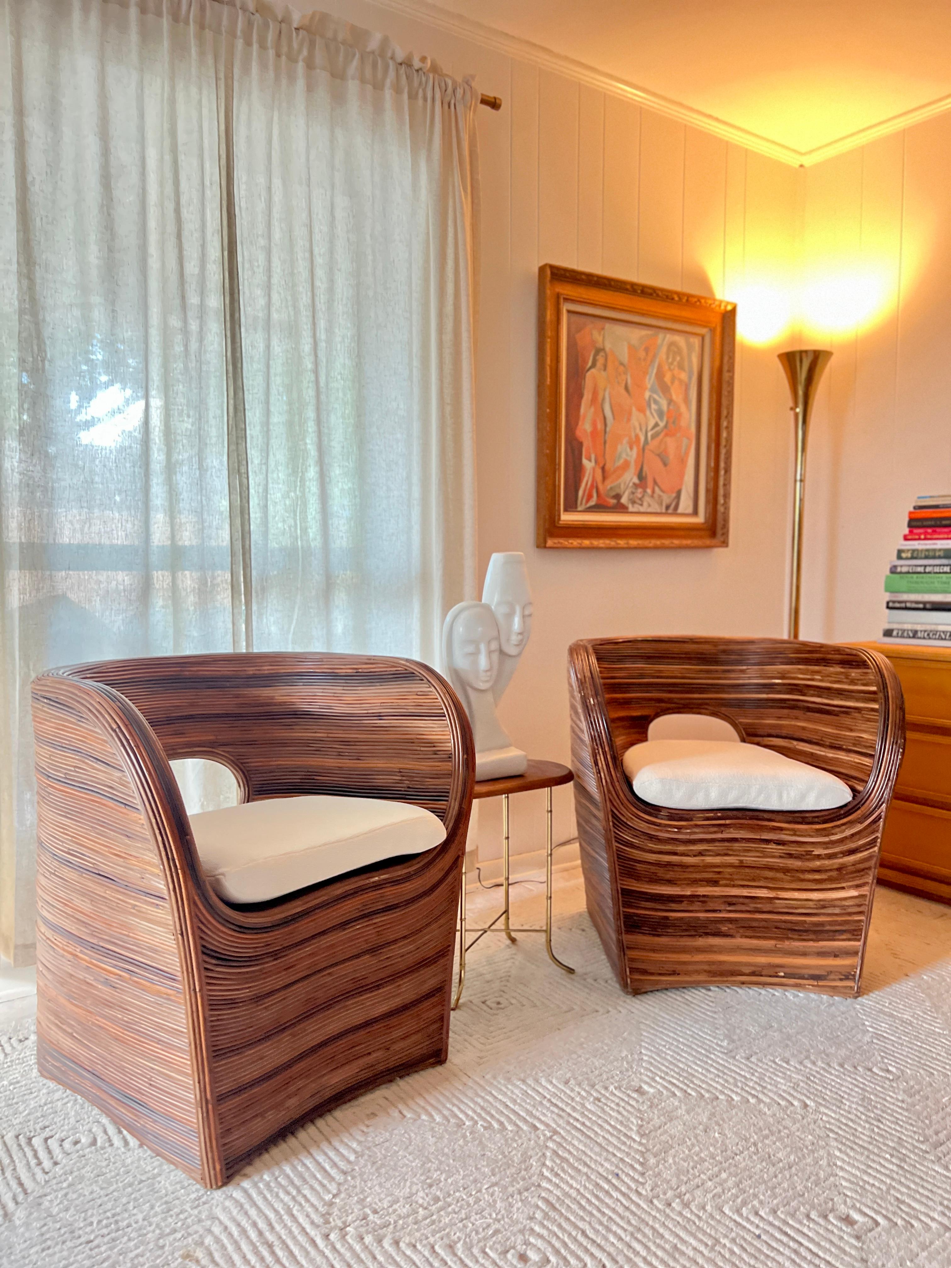 Set of Italian pencil reed barrel chairs in the manner of Gabriella Crespi 3