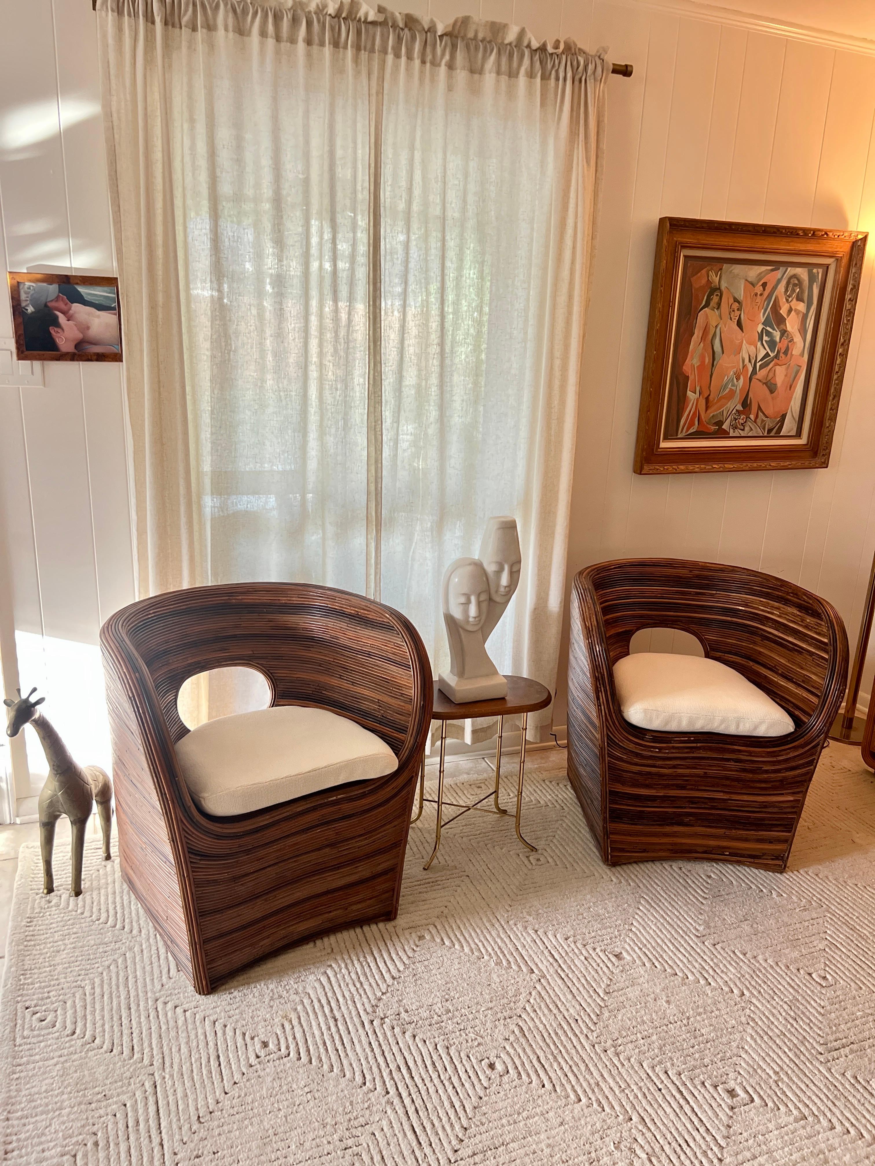 Set of Italian pencil reed barrel chairs in the manner of Gabriella Crespi 8