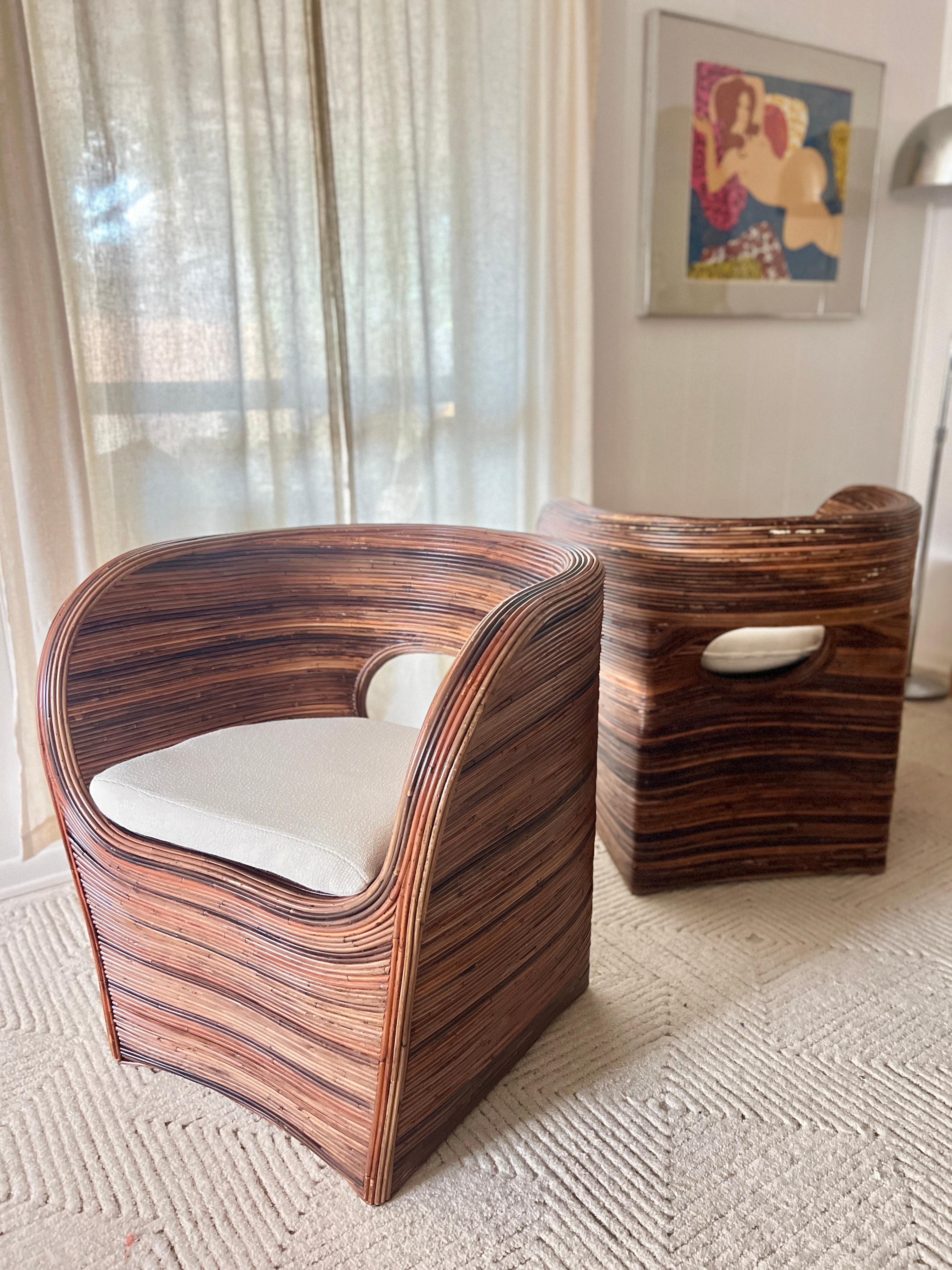 Set of Italian pencil reed barrel chairs in the manner of Gabriella Crespi 12