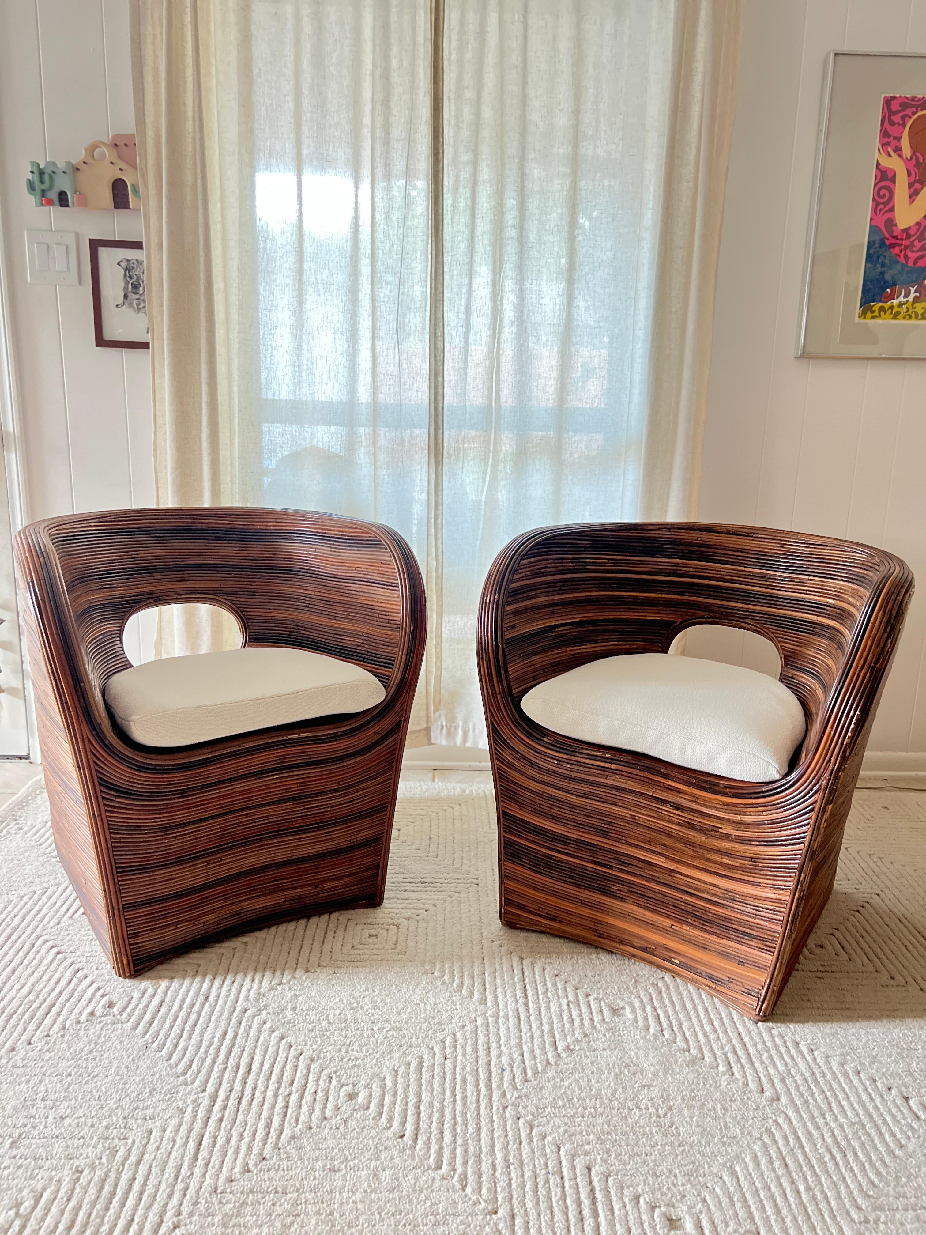 Mid-Century Modern Set of Italian pencil reed barrel chairs in the manner of Gabriella Crespi