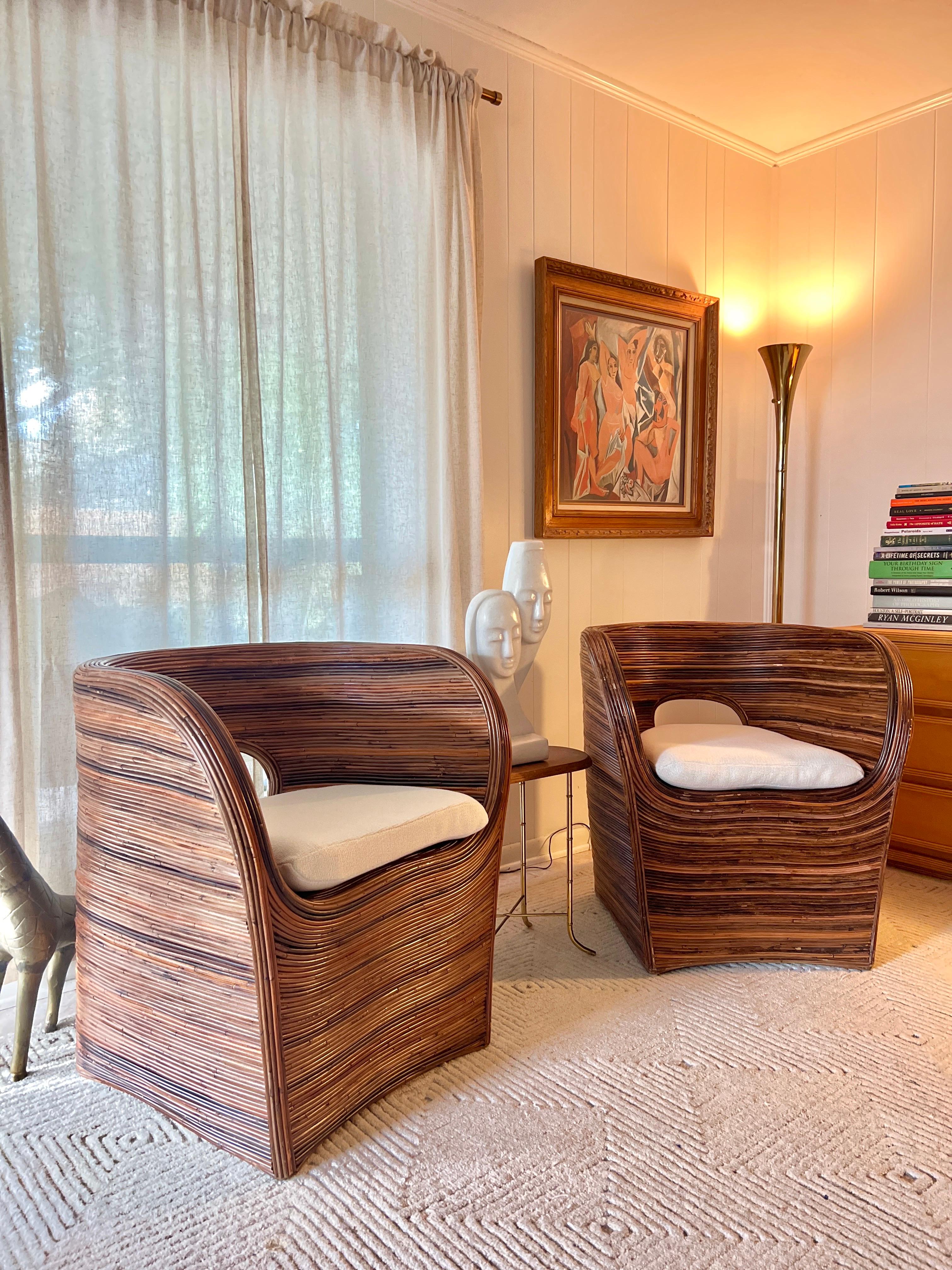 Bamboo Set of Italian pencil reed barrel chairs in the manner of Gabriella Crespi