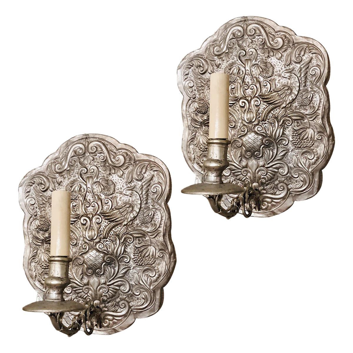 Set of Italian Repoussé Silver Plated Sconces, Sold Per Pair For Sale