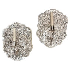 Set of Italian Repoussé Silver Plated Sconces, Sold Per Pair