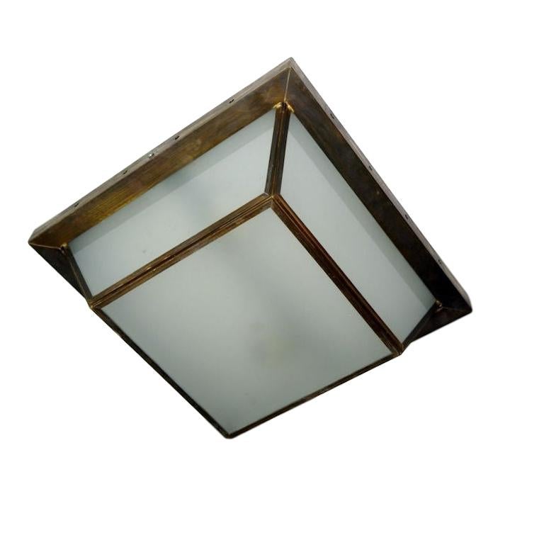 Set of eight flushmounted fixtures with frosted glass insets and two interior lights with original patina. Sold individually.

Measurements:
Drop 6
