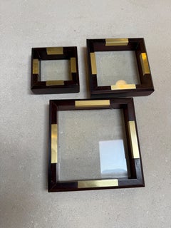 Set of Italian Wood and Brass Square Decorative Trays, 1970s