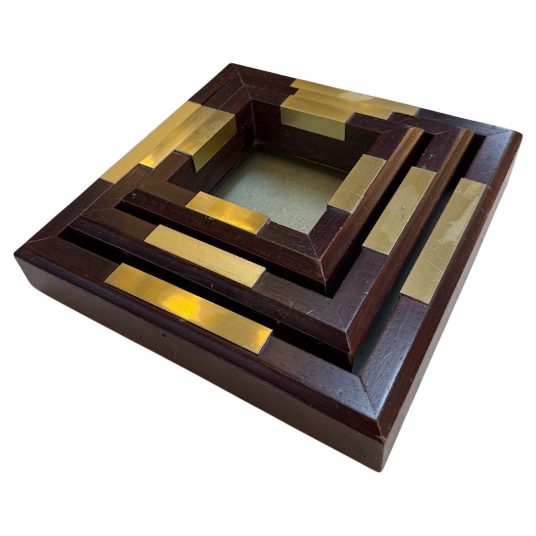 Set of Italian Wood and Brass Square Decorative Trays, 1970s For Sale
