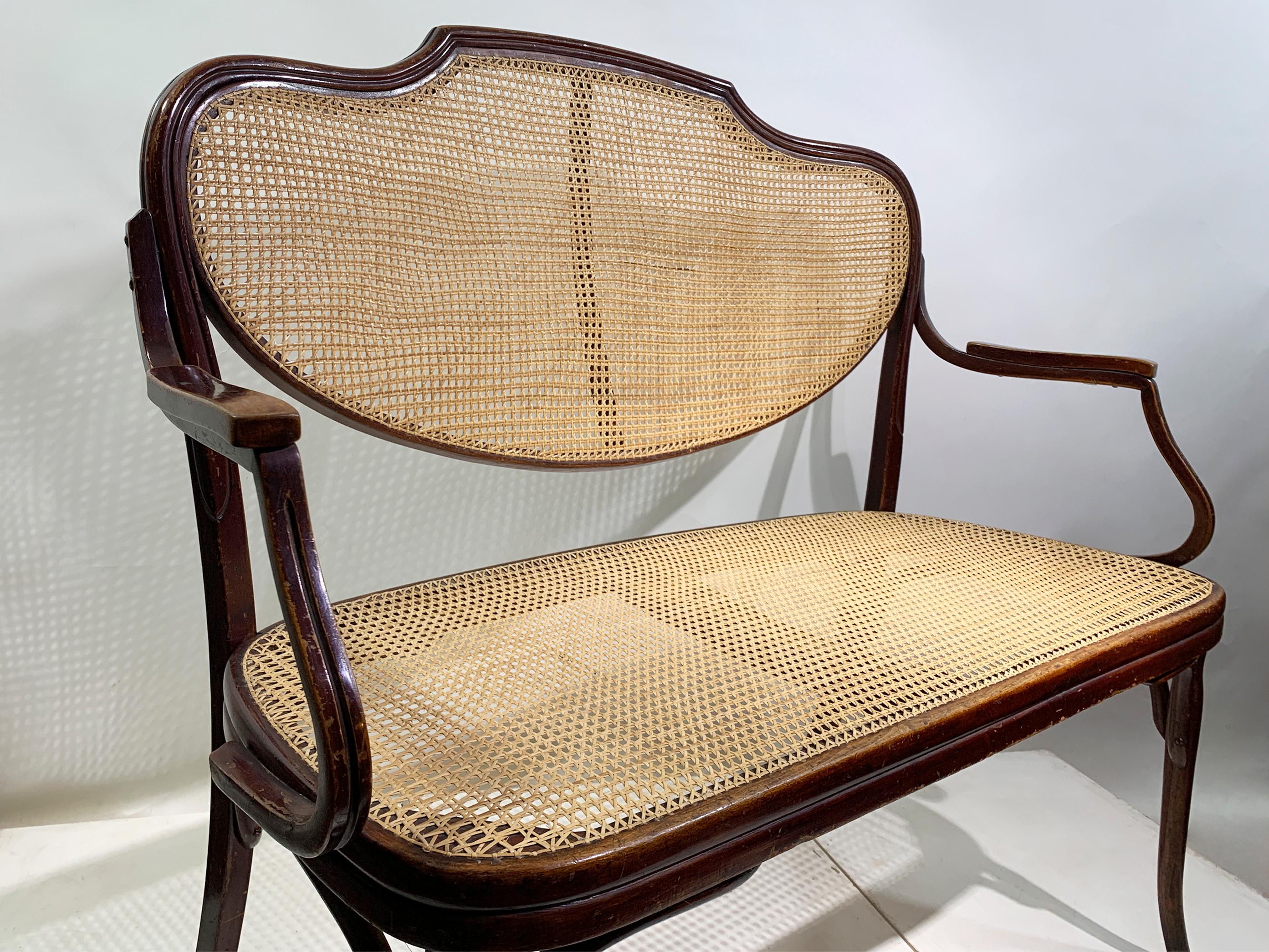 Art Nouveau Set of J. & J. Kohn Bentwood/Rattan Bench and 2Chairs, Labeled, Circa 1900 For Sale