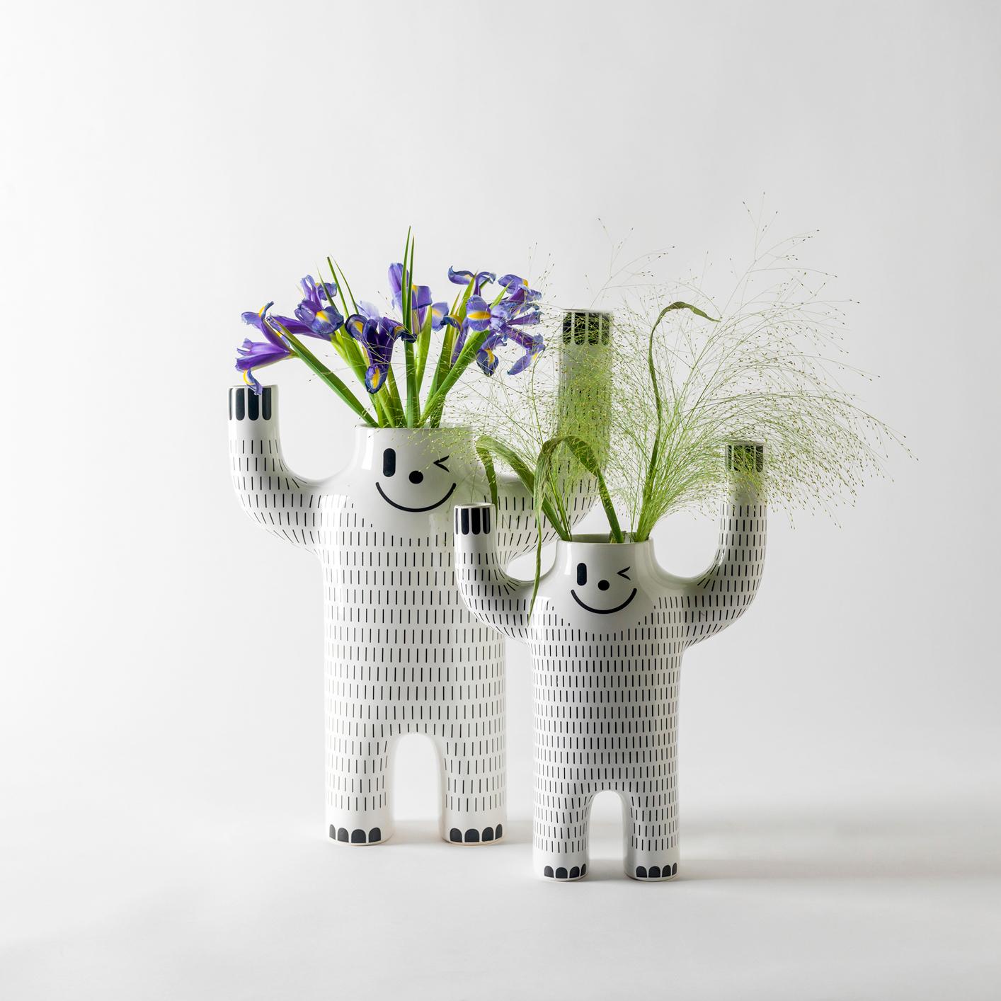 Contemporary happy yeti by Jaime Hayon.
Manufactured by BD Barcelona (Spain).

Glazed ceramic vase in white with decorations in black.

Measures: 
14 D x 33 W x 47 H cm
10 D x 24 W x 34 H cm.