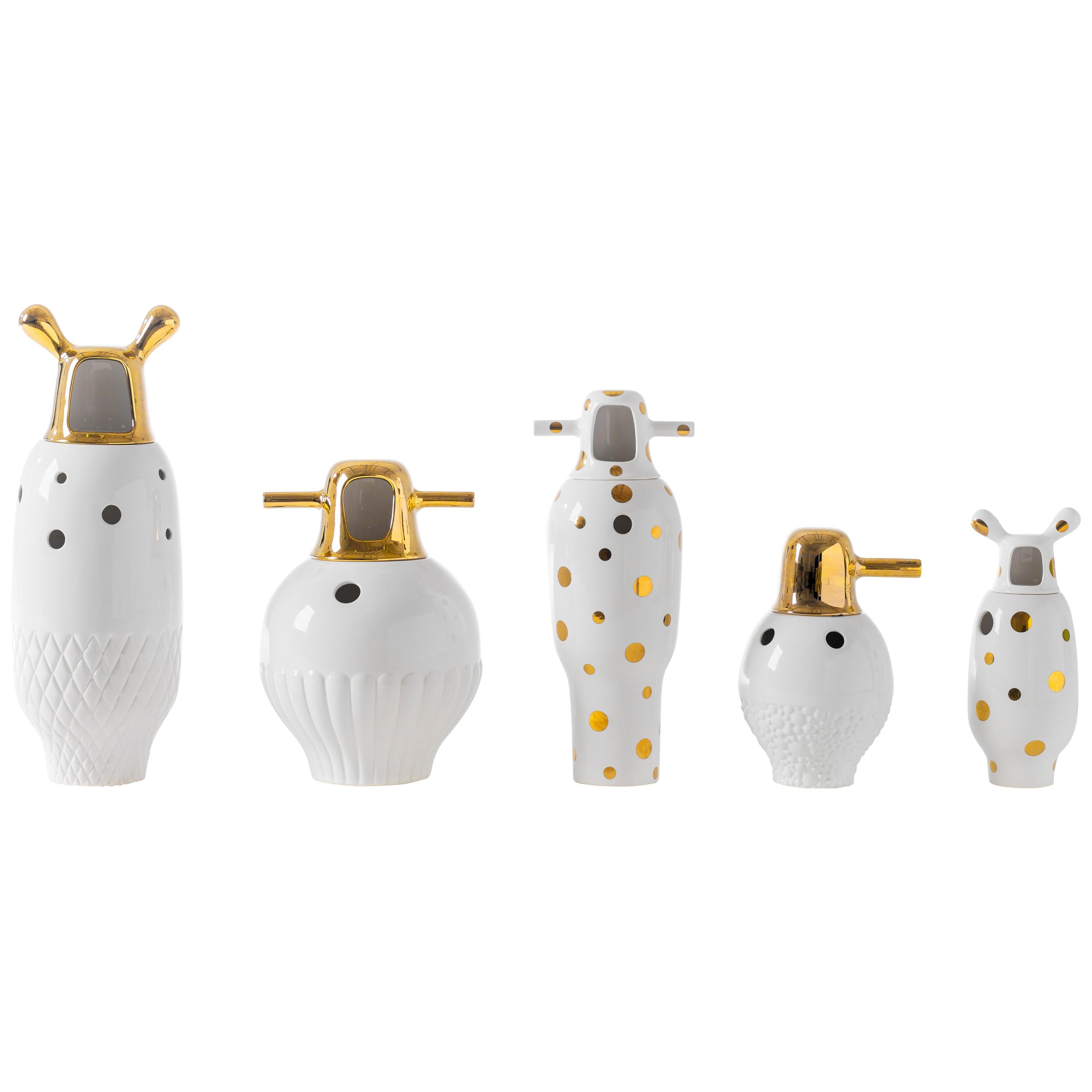 Contemporary showtime 10 vases by Jaime Hayon.
Manufactured by BD Barcelona (Spain).

Made up of two pieces in glazed stoneware, with a white finish and 24-carat gold-plated decorations.

Measures: 
Vase N1: H 33 cm x Dm 19 cm.
Vase N2: H 34