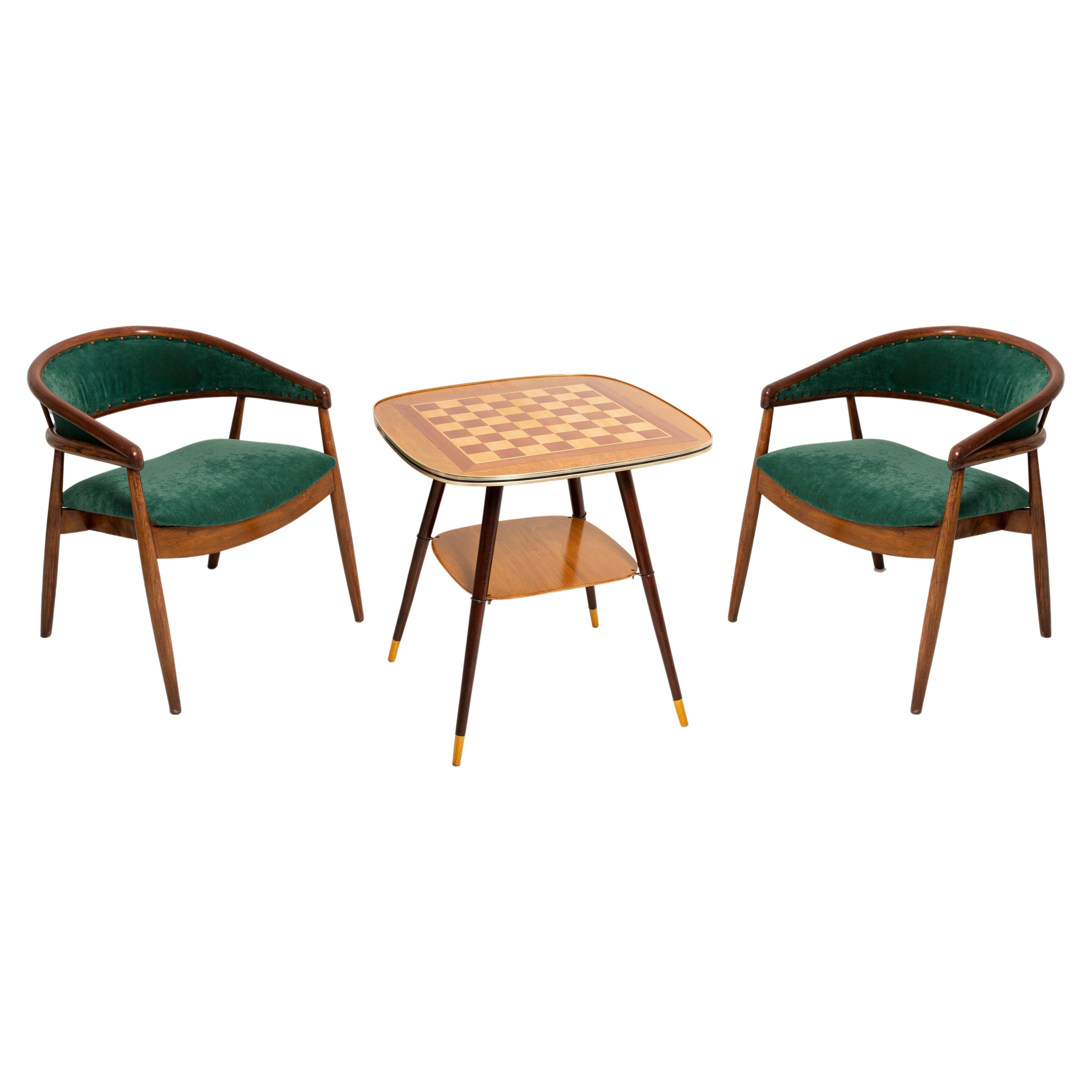 Set of James Mont Bent Beech Armchairs and Table, Dark Green Velvet, 1960s For Sale