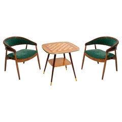 Conjunto de sillones y mesa de haya curvada James Mont, terciopelo verde oscuro, años 60