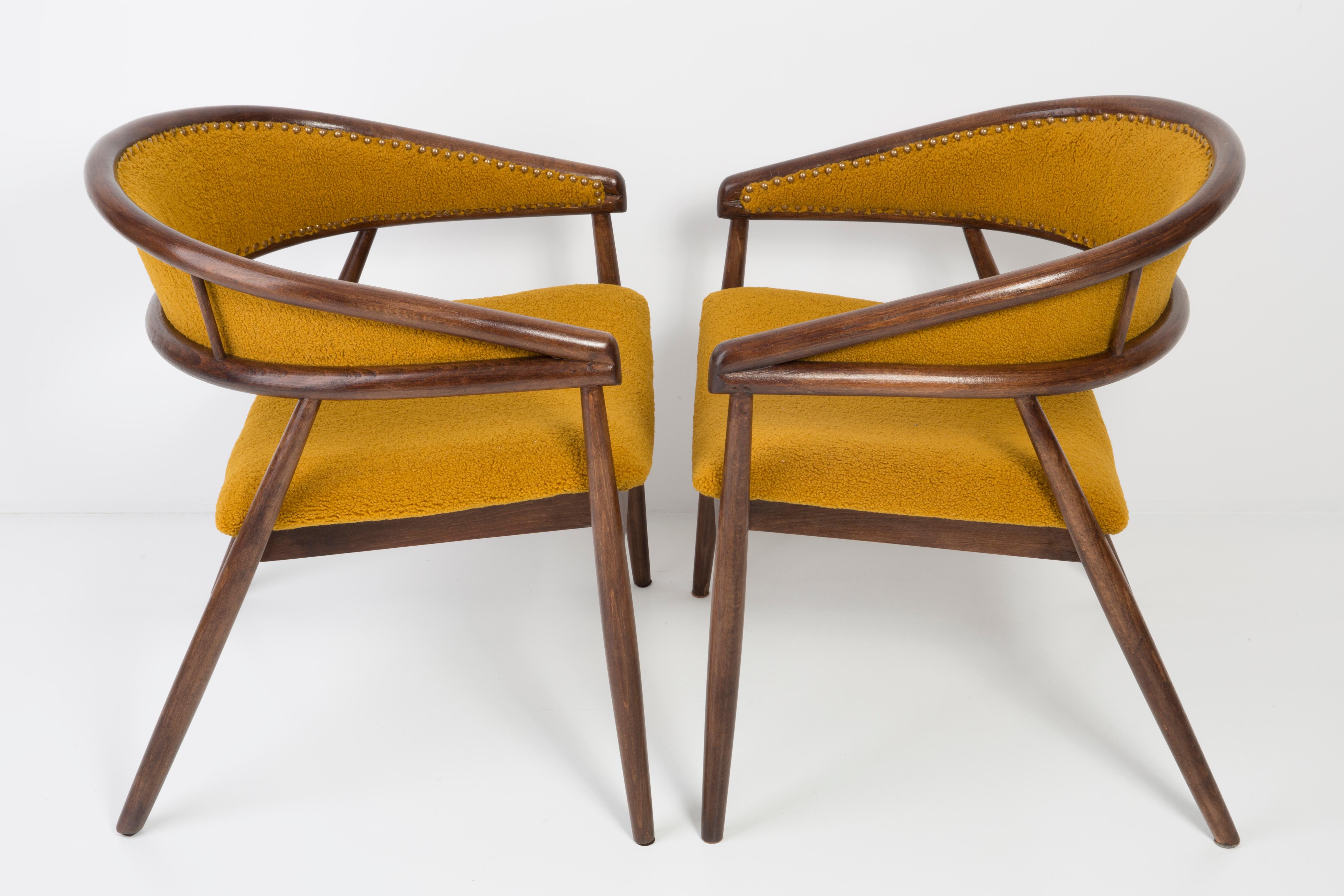 Polish Set of James Mont Bent Beech Armchairs and Table, Yellow Ochra Boucle, 1960s For Sale