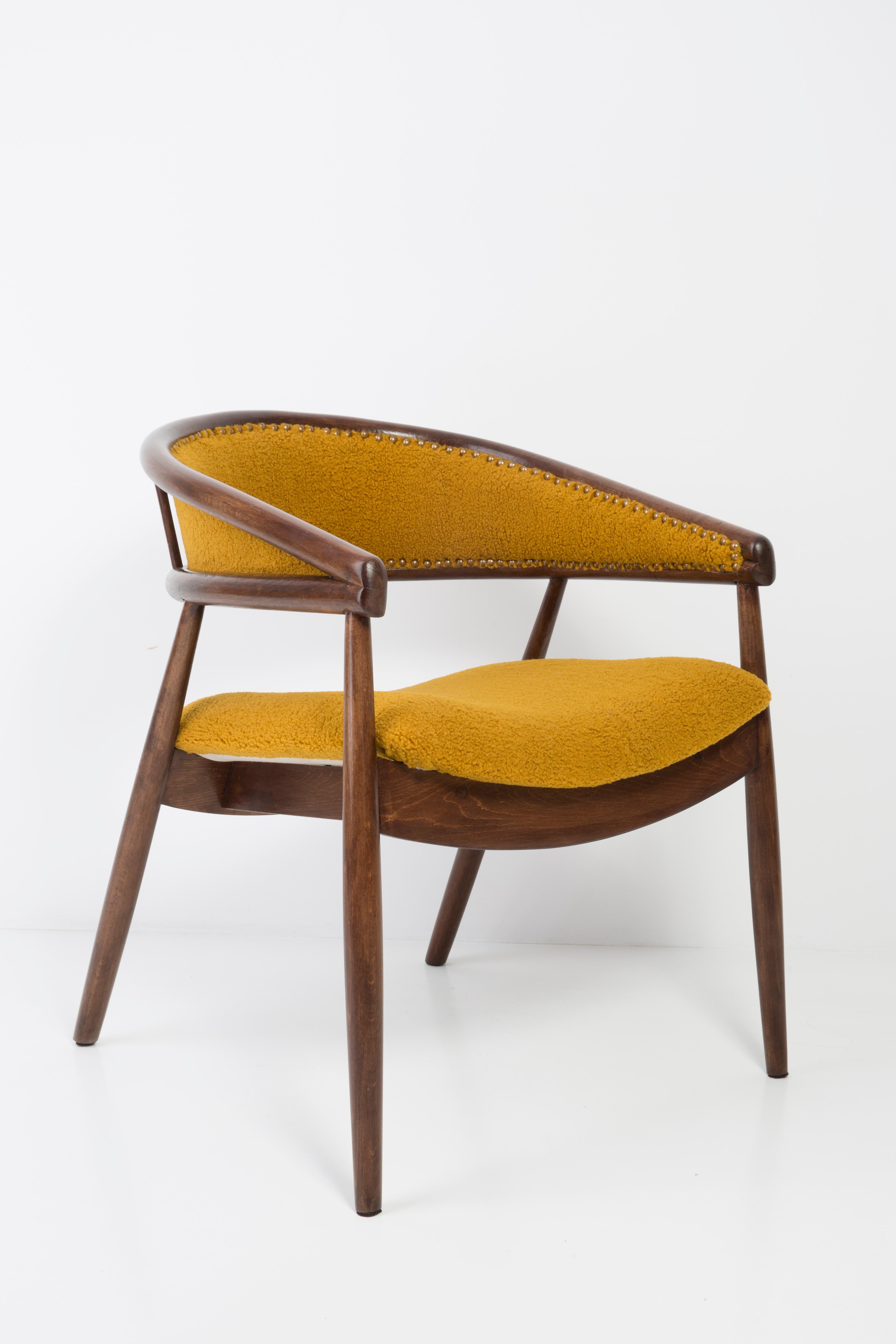 Woodwork Set of James Mont Bent Beech Armchairs and Table, Yellow Ochra Boucle, 1960s For Sale