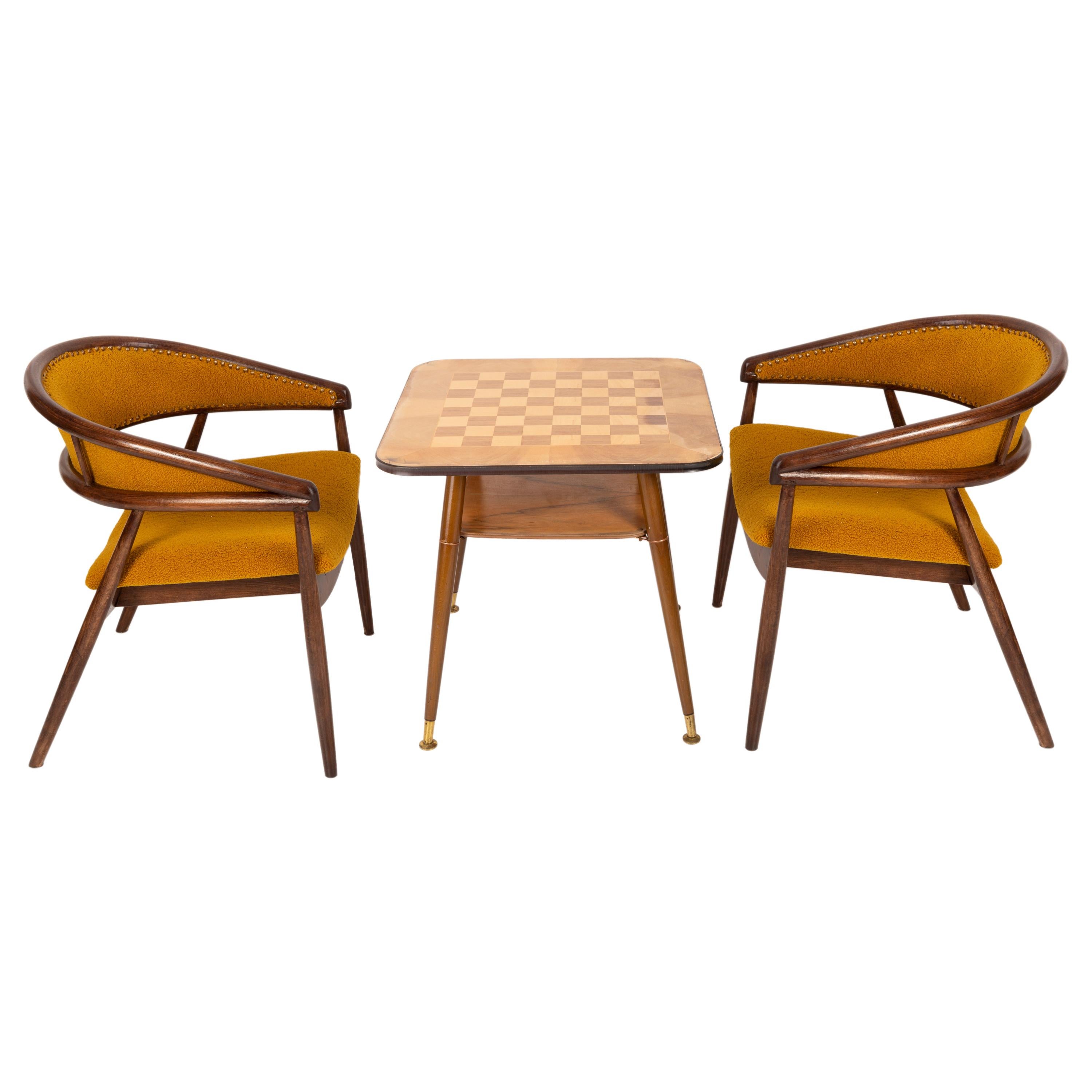 Set of James Mont Bent Beech Armchairs and Table, Yellow Ochra Boucle, 1960s