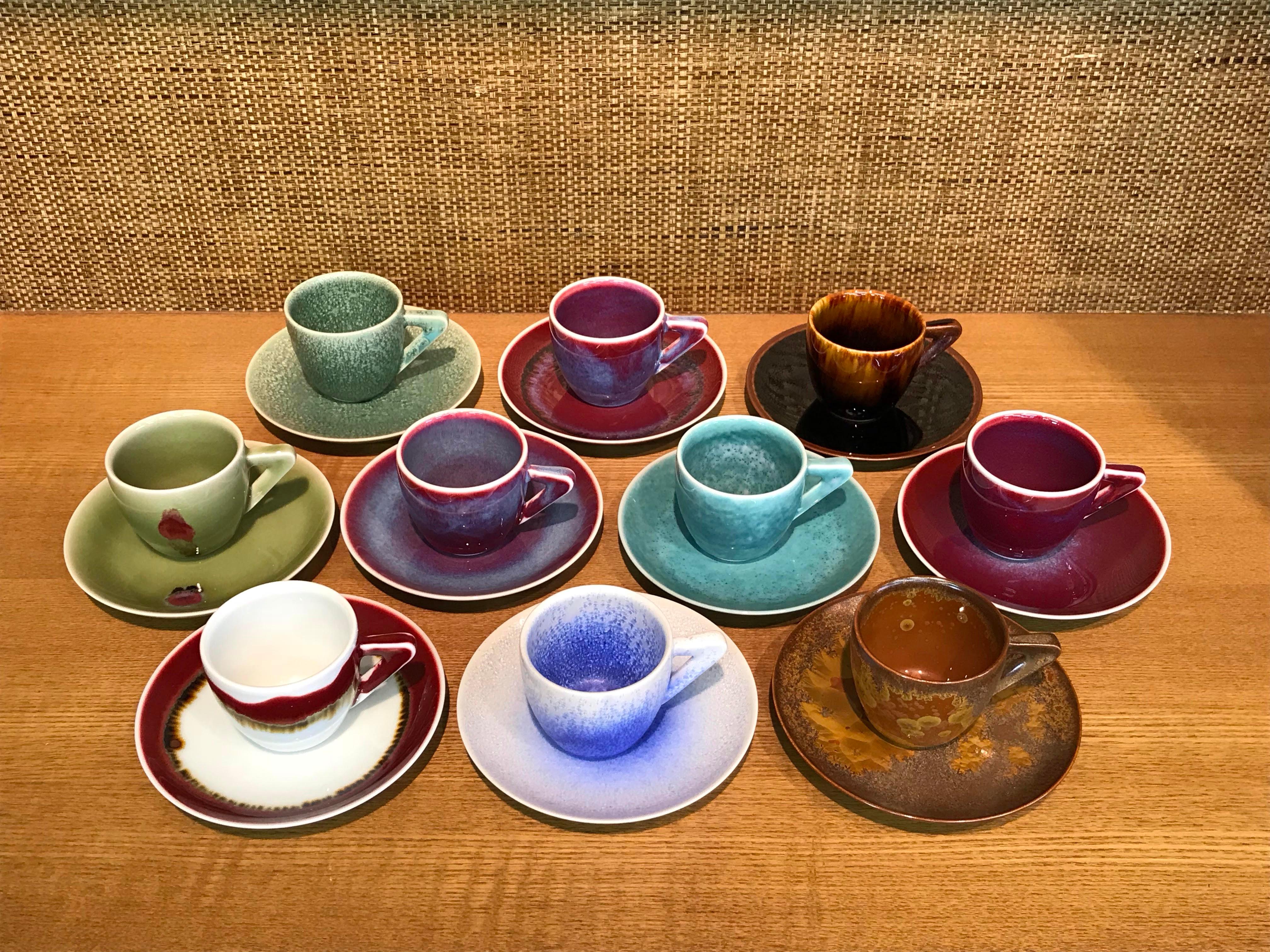 Set of Japanese Contemporary Hand-Glazed Ceramic Demitasse Cups, Saucers, Plates In New Condition In Takarazuka, JP