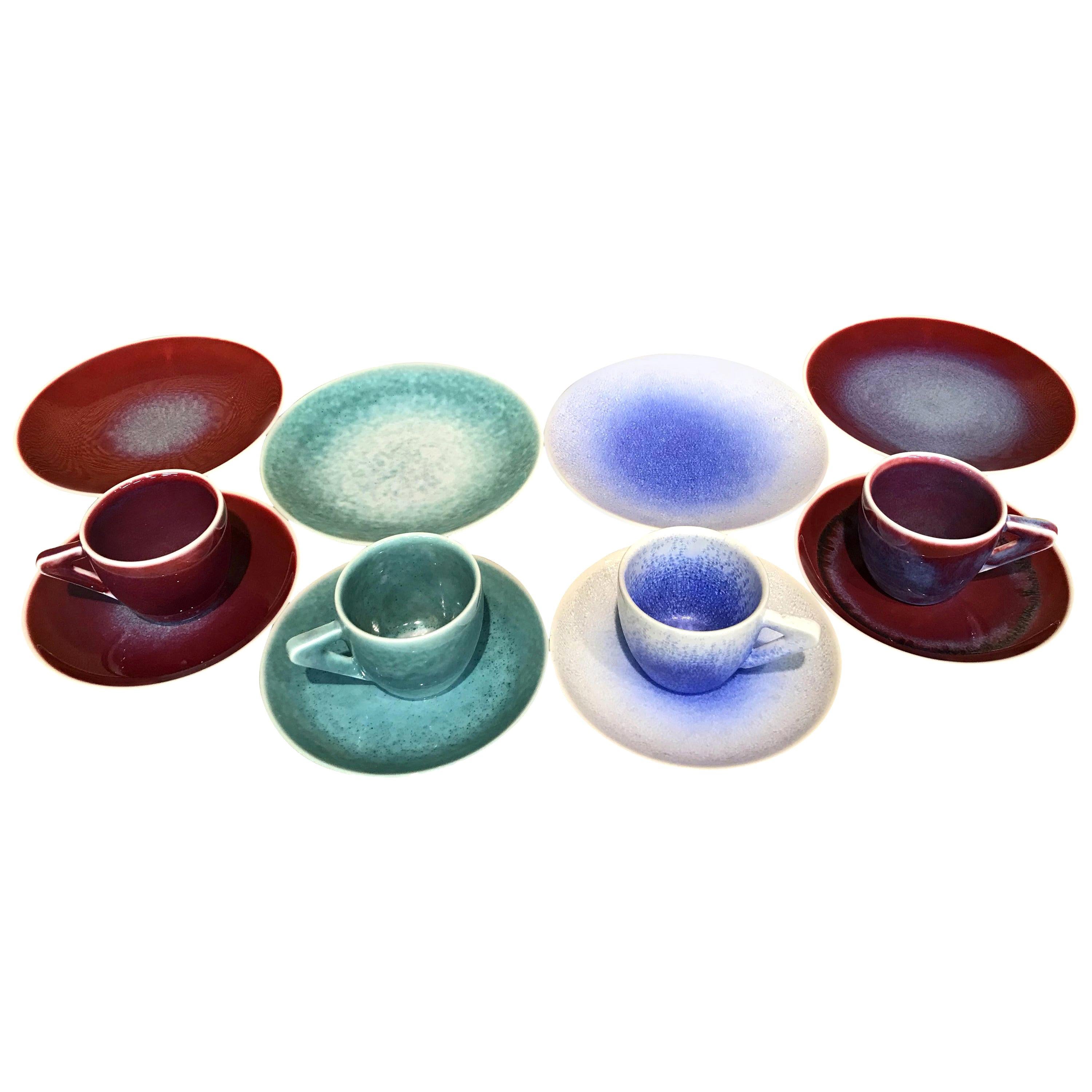 Set of Japanese Contemporary Hand-Glazed Ceramic Demitasse Cups, Saucers, Plates