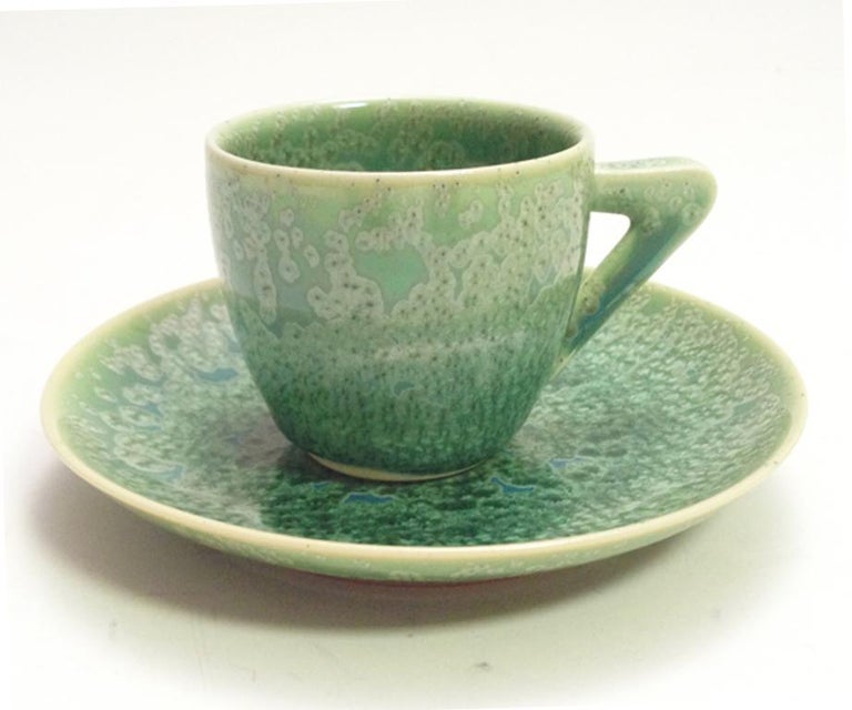 Contemporary Set of Japanese Hand-Glazed Porcelain Demitasse Cup, Saucer and Plates, Artist For Sale