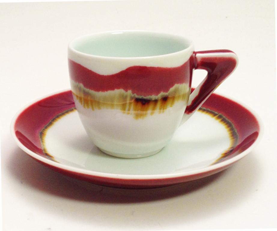 Exceptionally unique set of nine contemporary Japanese hand-glazed porcelain espresso cups and saucers in a beautiful shape masterfully hand-glazed in the artist's stunning signature colors like wine-red, green and white, signed pieces by widely