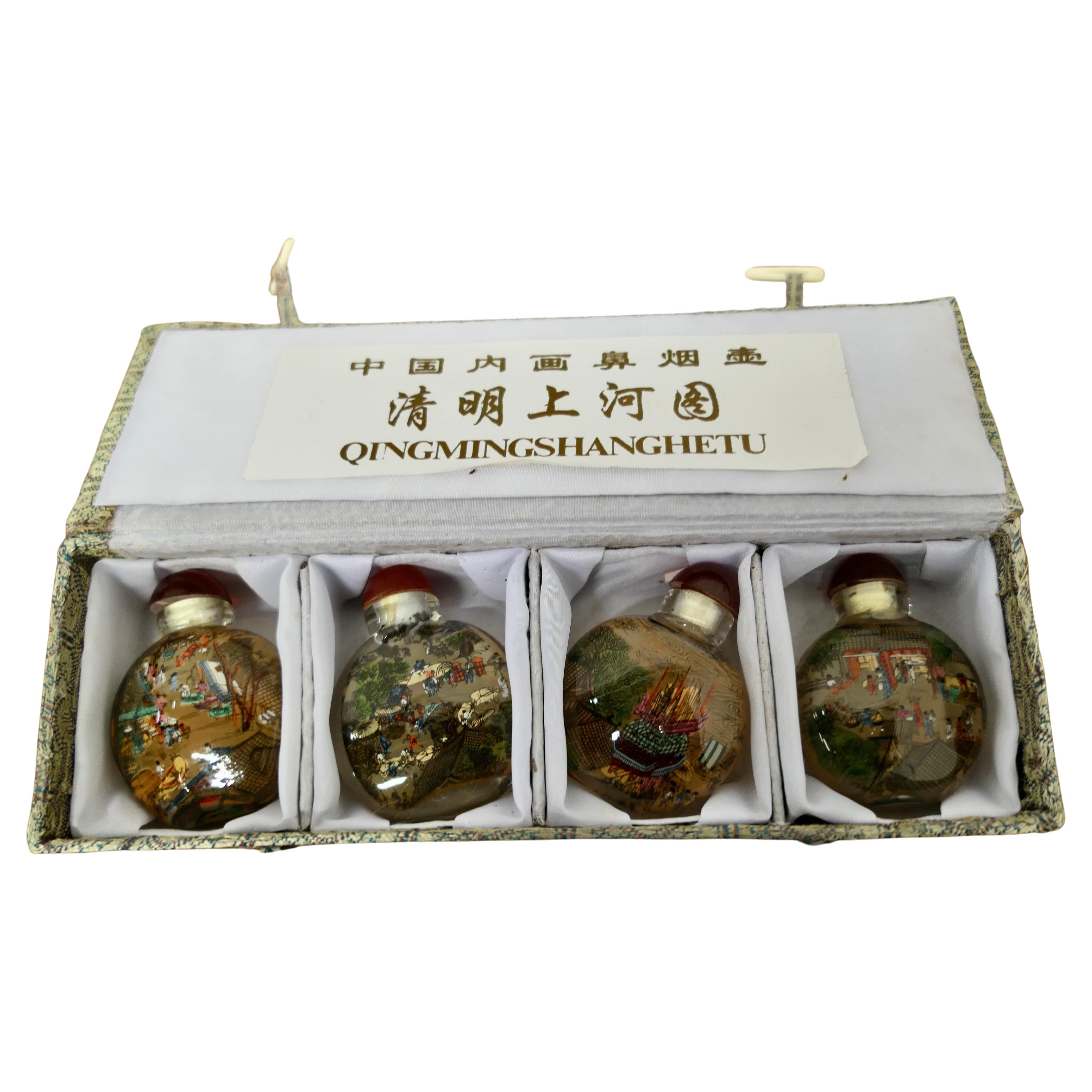 Set of Japanese Hand Painted Perfume or Snuff Bottle in Original Box  