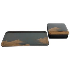 Set of Vintage Japanese Lacquer Tray and Box in Art Deco Style by Zohiko