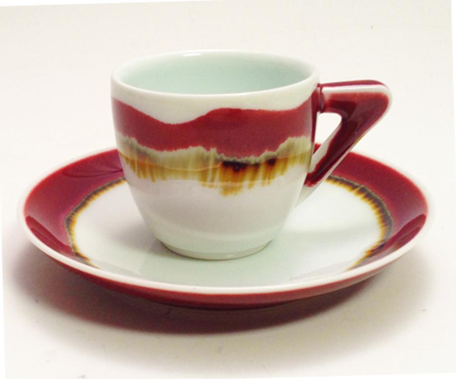 Japanese Set of Red Black Hand-Glazed Porcelain Espresso Cup, Saucer and Plate, Artist