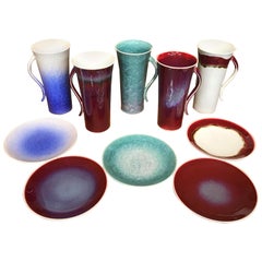 Set of Japanese Tall Hand-Glazed Porcelain Mug Cups and Plates by Master Artist