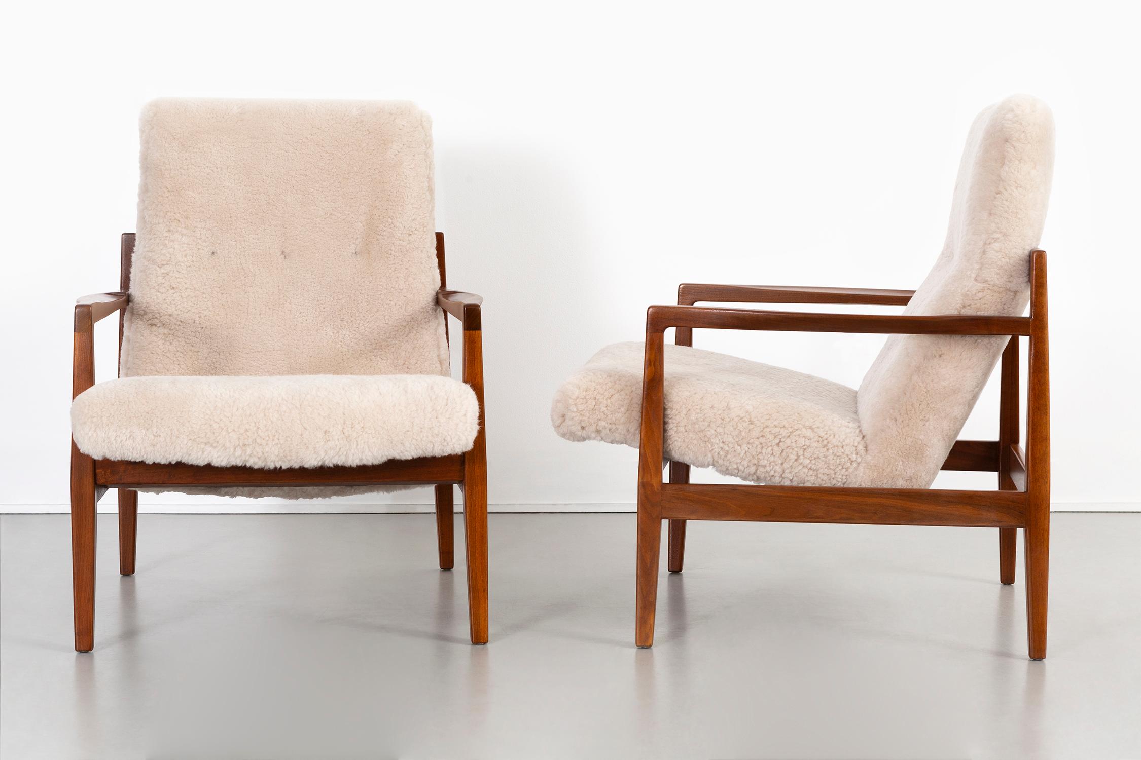 American Set of Jens Risom Mid-Century Modern Shearling Lounge Chairs