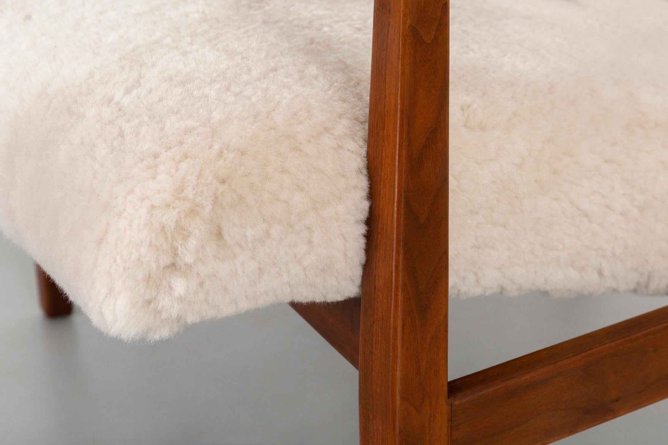 Walnut Set of Jens Risom Mid-Century Modern Shearling Lounge Chairs