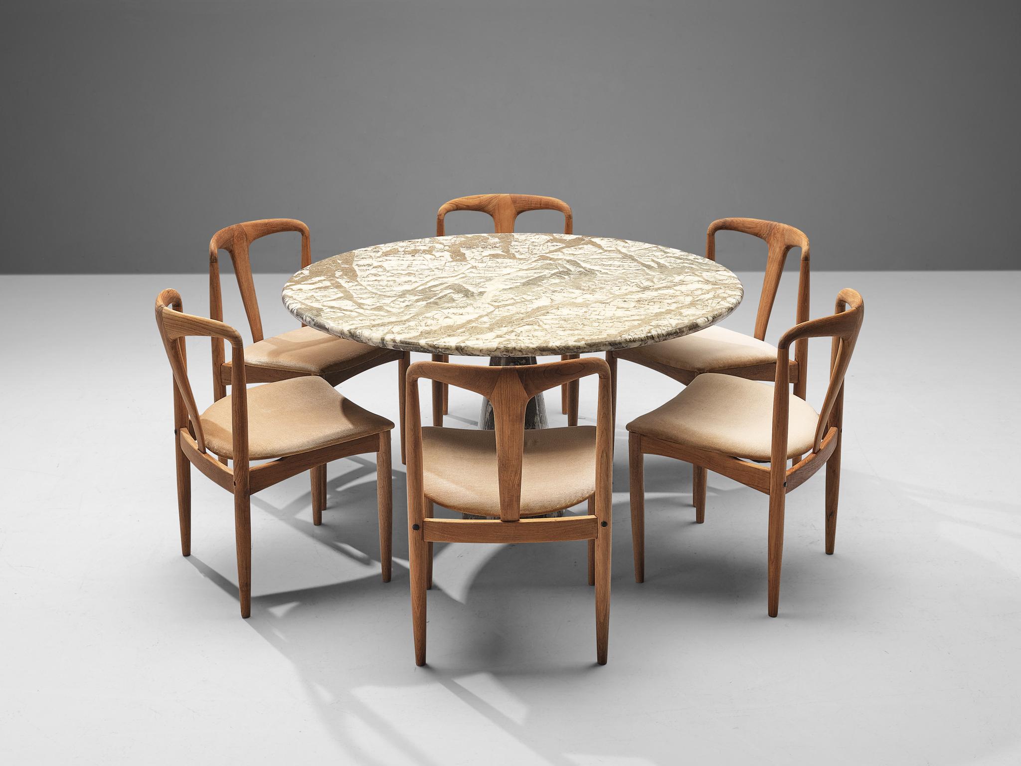 Fabric Set of Johannes Andersen 'Juliane' Dining Chairs and Mangiarotti Marble Table