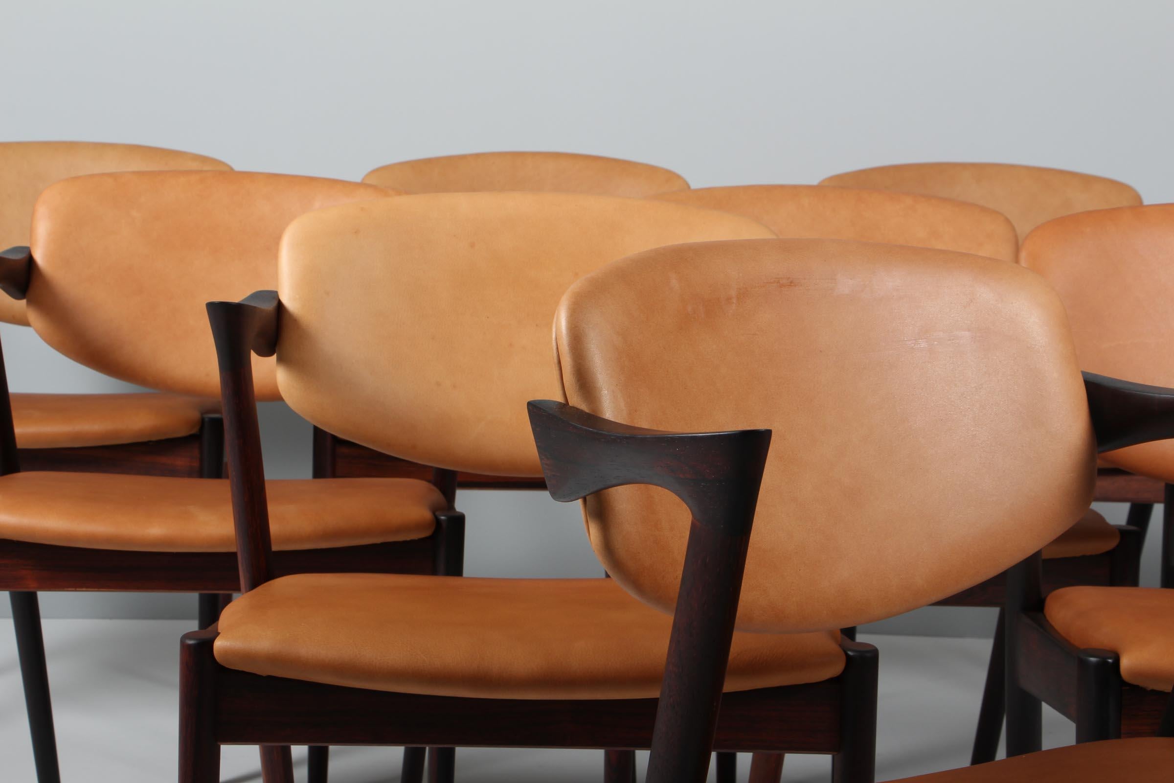 Scandinave moderne Ensemble de chaises de salle à manger Kai Kristiansen modèle 42, bois de rose, cuir aniline, années 1960 en vente