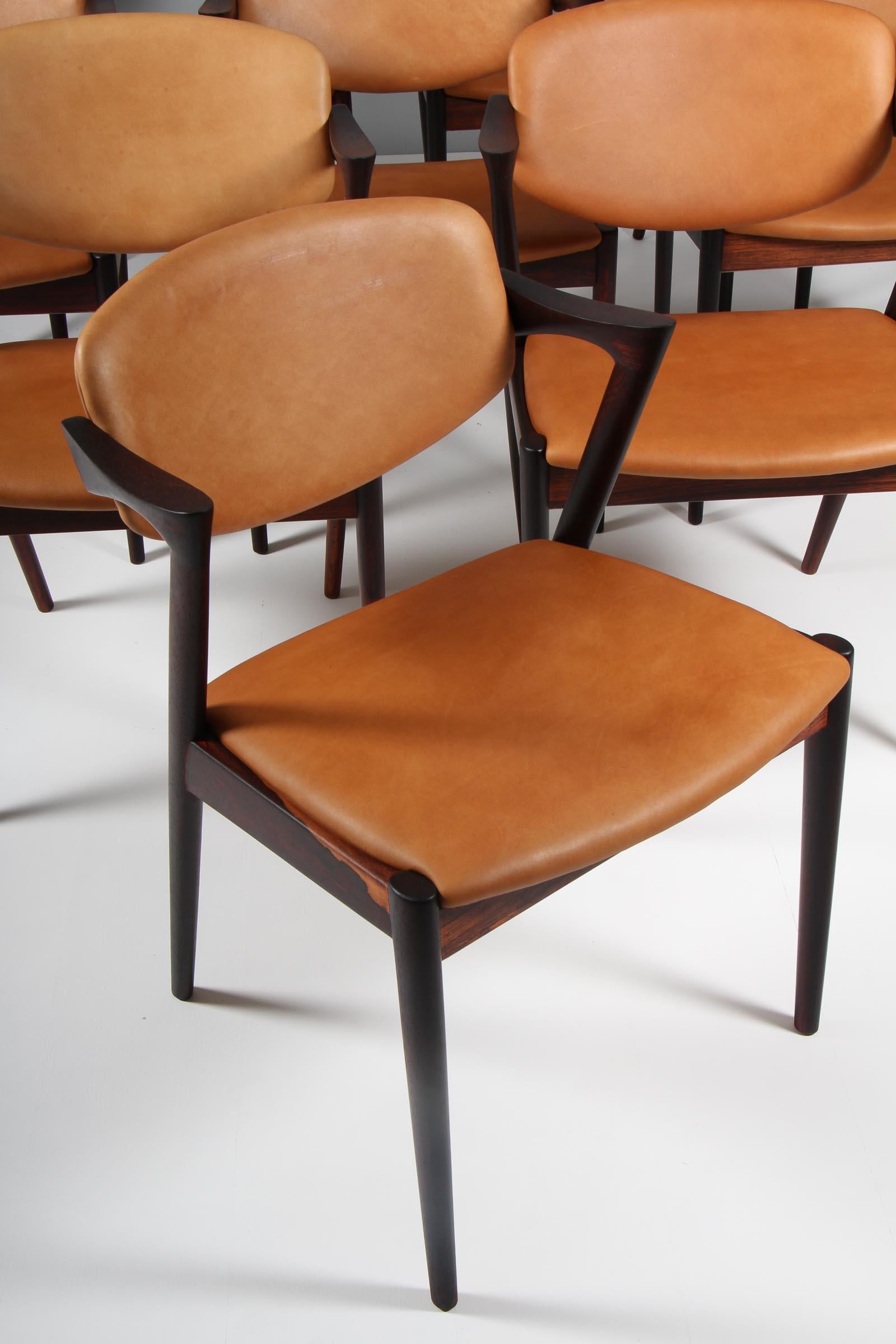 Danish Set of Kai Kristiansen Model 42 Dining Chairs, Rosewood, Aniline Leather, 1960s