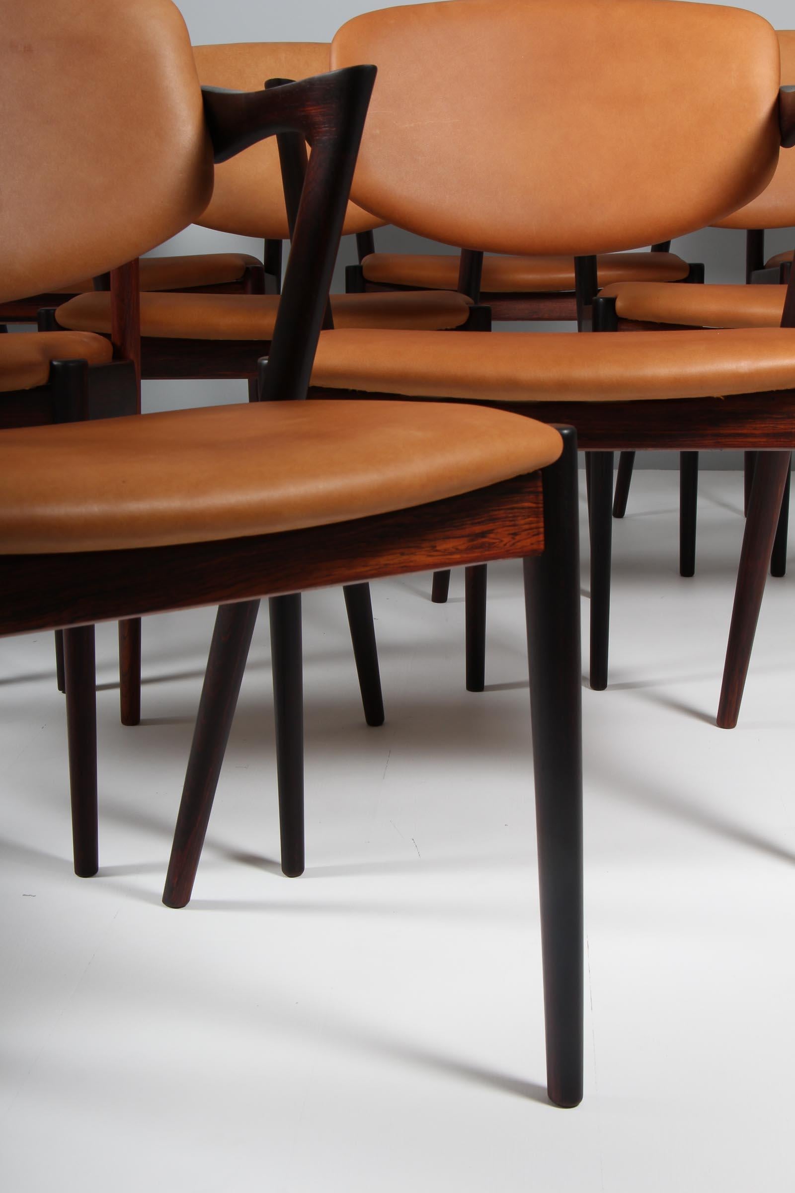 Ensemble de chaises de salle à manger Kai Kristiansen modèle 42, bois de rose, cuir aniline, années 1960 en vente 1