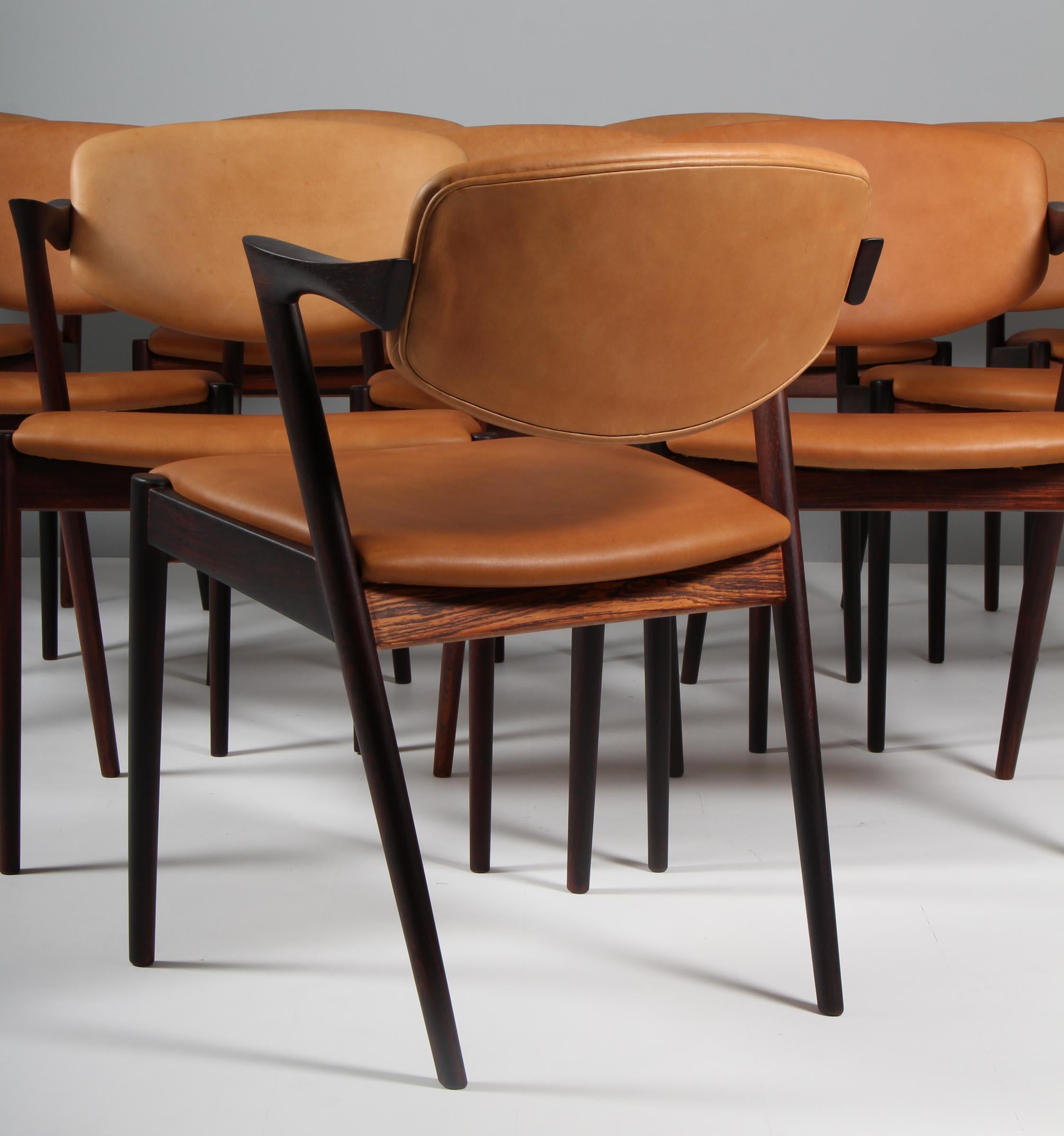 Ensemble de chaises de salle à manger Kai Kristiansen modèle 42, bois de rose, cuir aniline, années 1960 en vente 2
