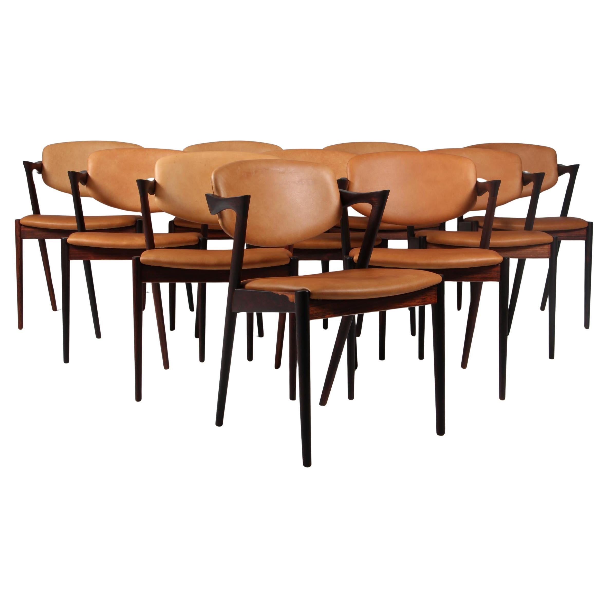Set of Kai Kristiansen Model 42 Dining Chairs, Rosewood, Aniline Leather, 1960s