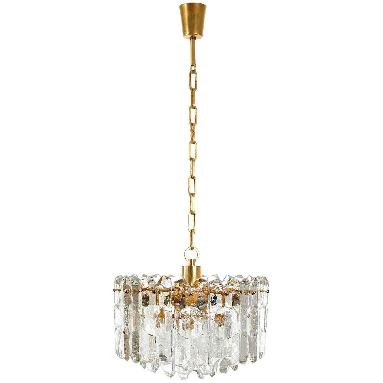 Mid-Century Modern Set of Kalmar Chandelier Pendant Light Sconces 'Palazzo', Gilt Brass Glass, 1970 For Sale